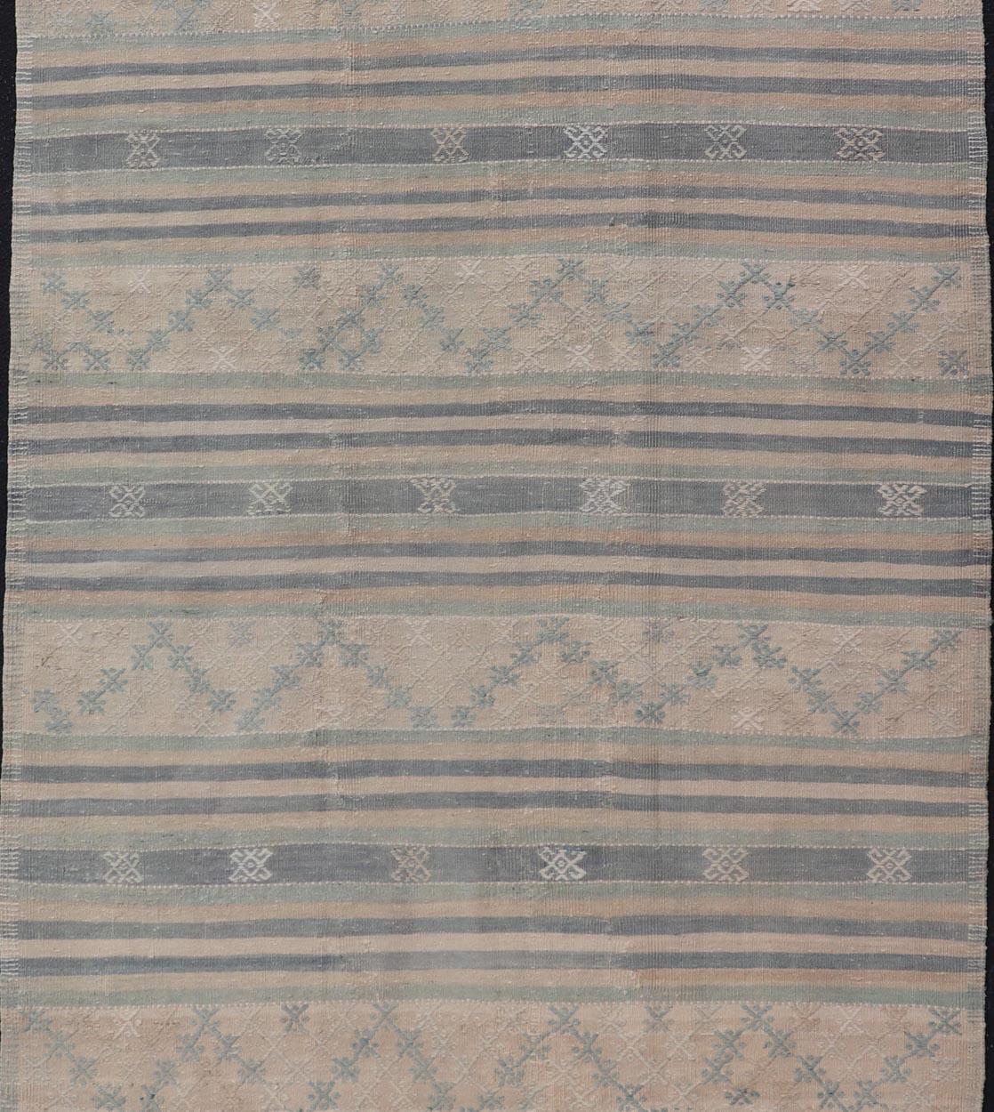 Vintage Turkish Flat-Weave Kilim with Embroideries in Blue, Brown, and Cream For Sale 1
