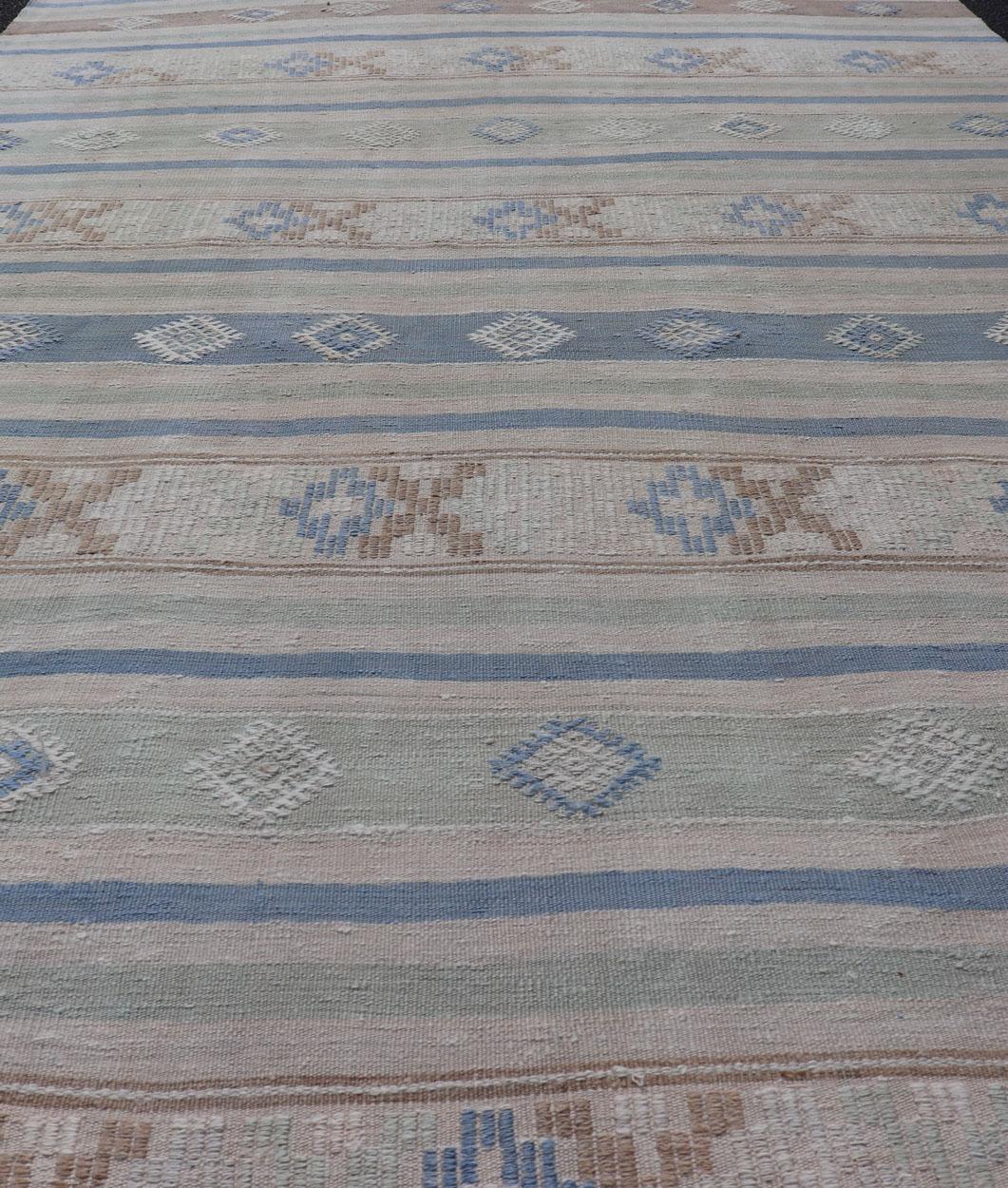 Vintage Turkish Flat-Weave Kilim with Embroideries in Blue, Brown, and Cream For Sale 2