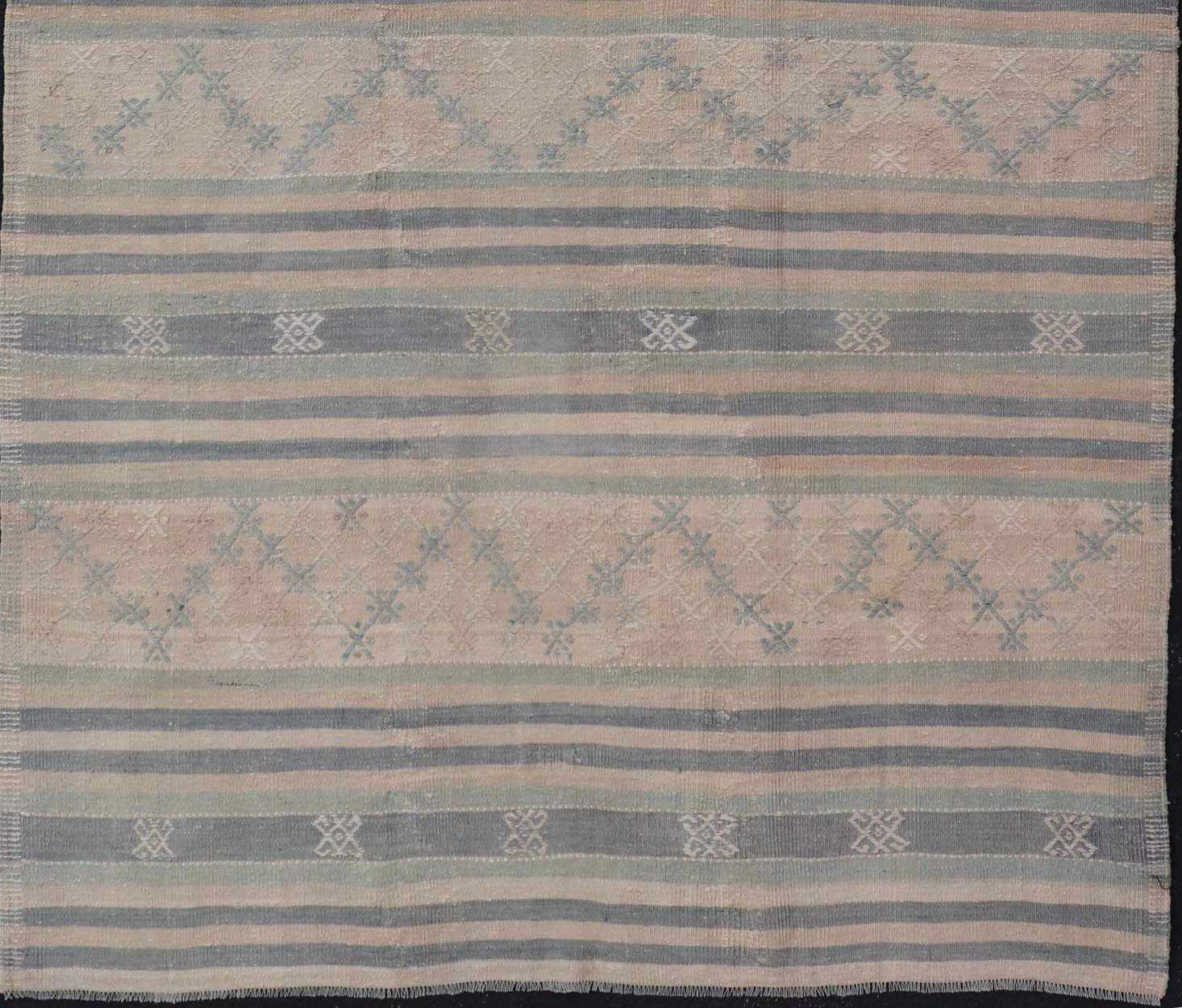 Vintage Turkish Flat-Weave Kilim with Embroideries in Blue, Brown, and Cream For Sale 2