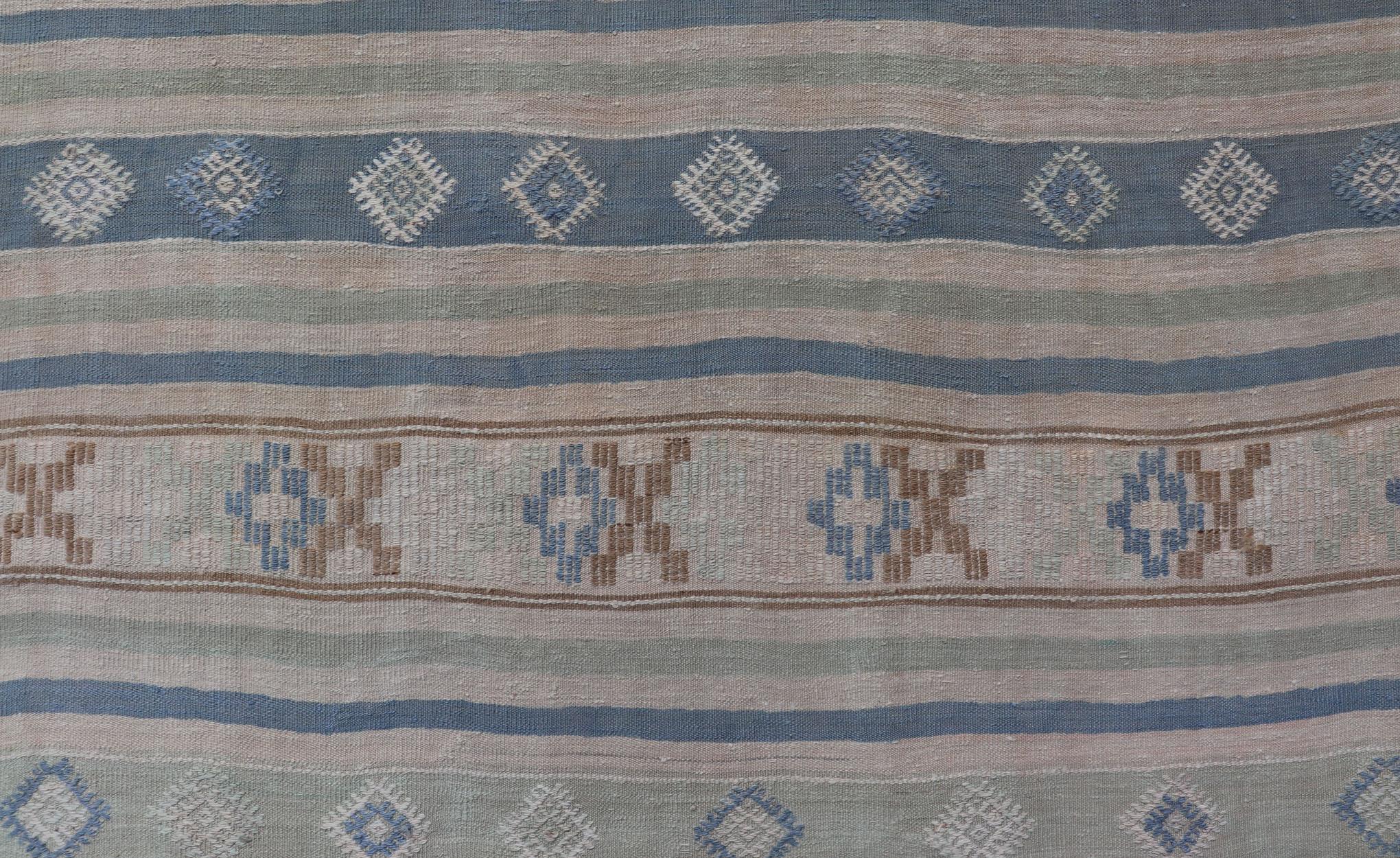 Vintage Turkish Flat-Weave Kilim with Embroideries in Blue, Brown, and Cream For Sale 3