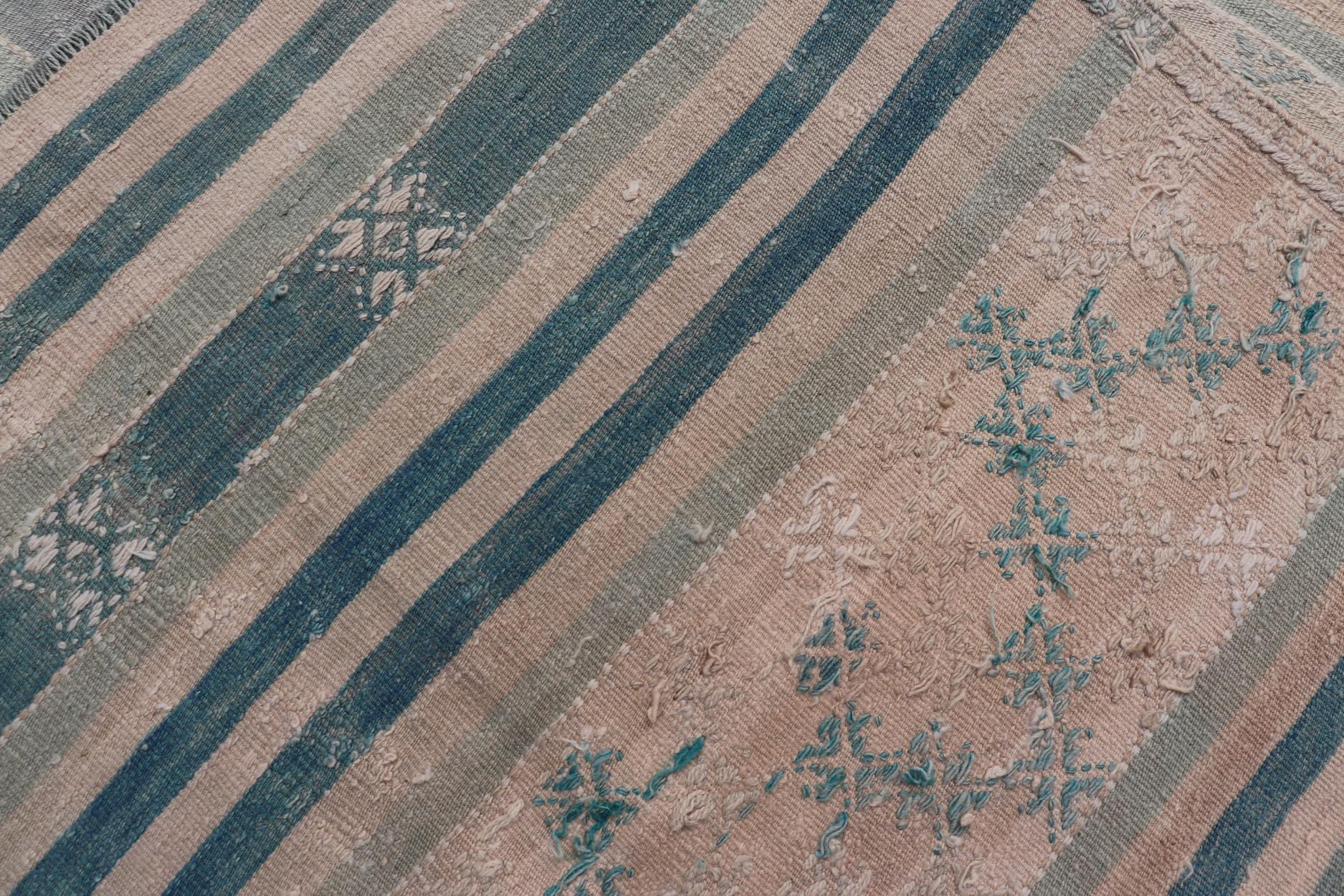 Vintage Turkish Flat-Weave Kilim with Embroideries in Blue, Brown, and Cream For Sale 3