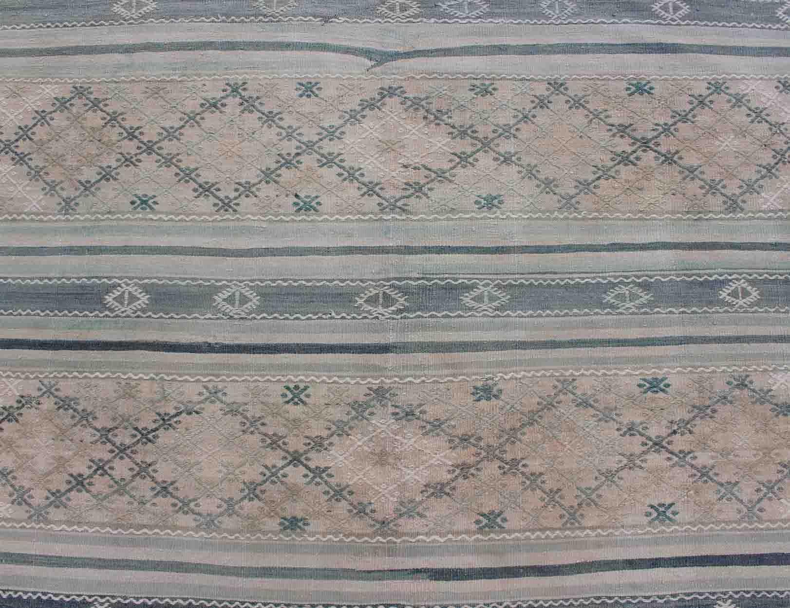 Vintage Turkish Flat-Weave Kilim with Embroideries in Diamonds and Stripes 3