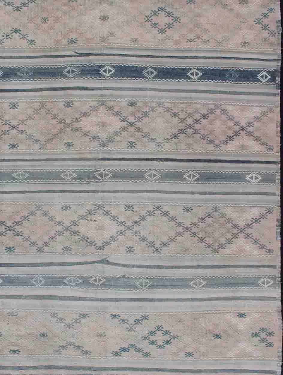 Hand-Woven Vintage Turkish Flat-Weave Kilim with Embroideries in Diamonds and Stripes