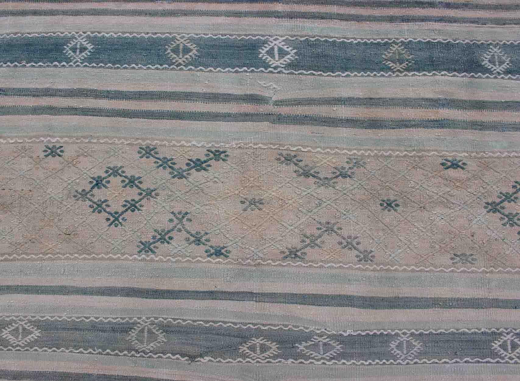 Mid-20th Century Vintage Turkish Flat-Weave Kilim with Embroideries in Diamonds and Stripes