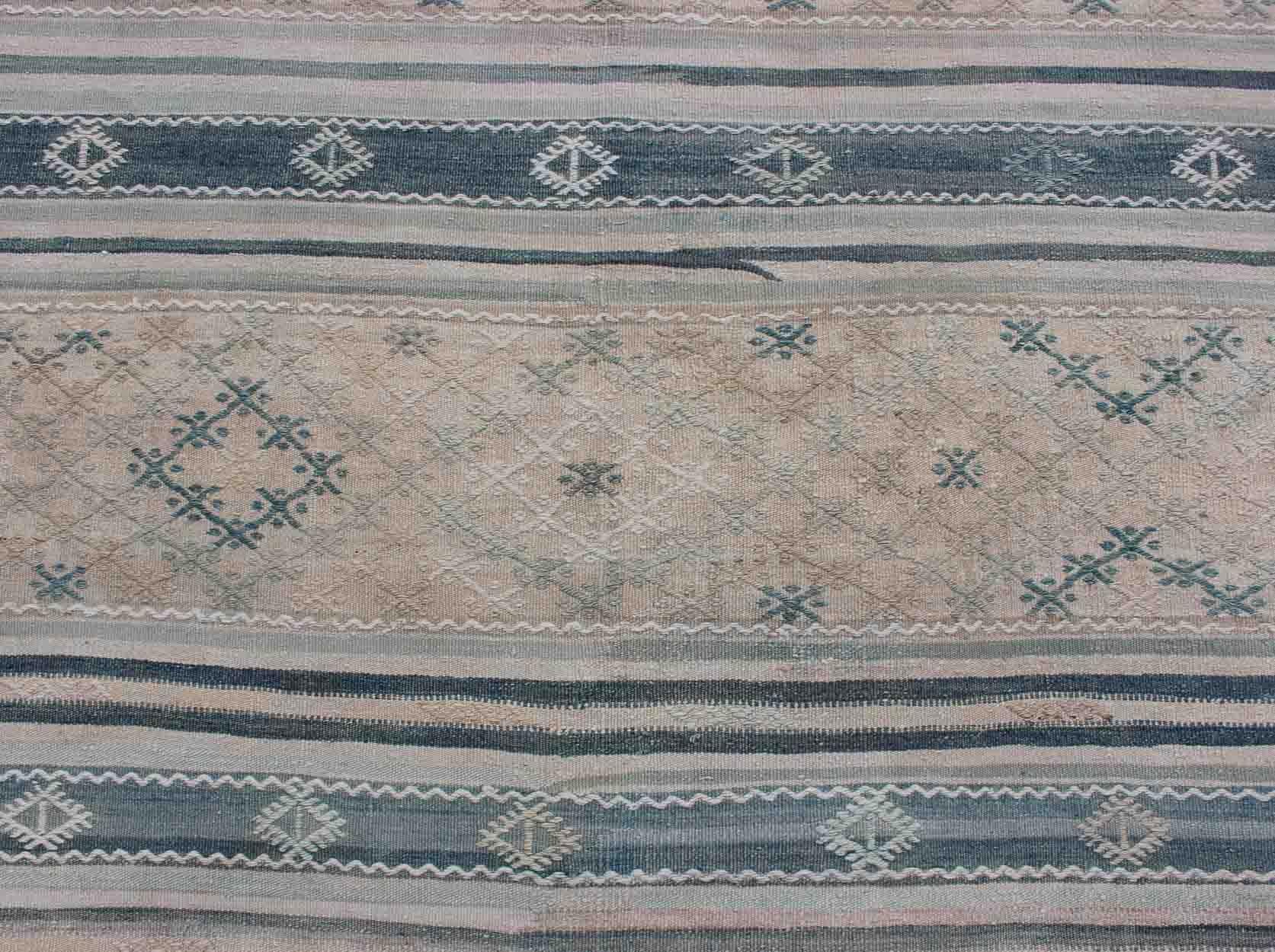 Wool Vintage Turkish Flat-Weave Kilim with Embroideries in Diamonds and Stripes