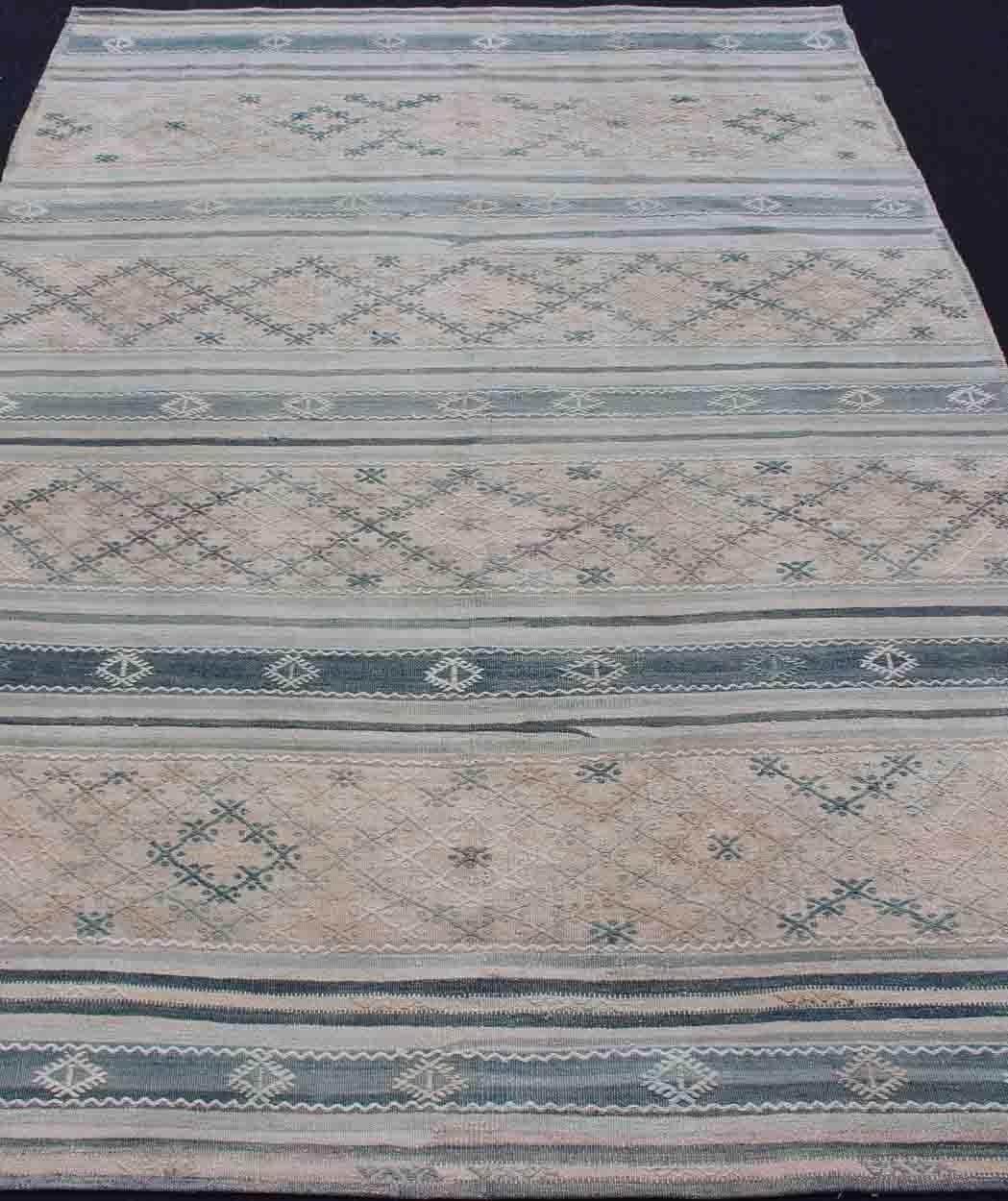 Vintage Turkish Flat-Weave Kilim with Embroideries in Diamonds and Stripes 1