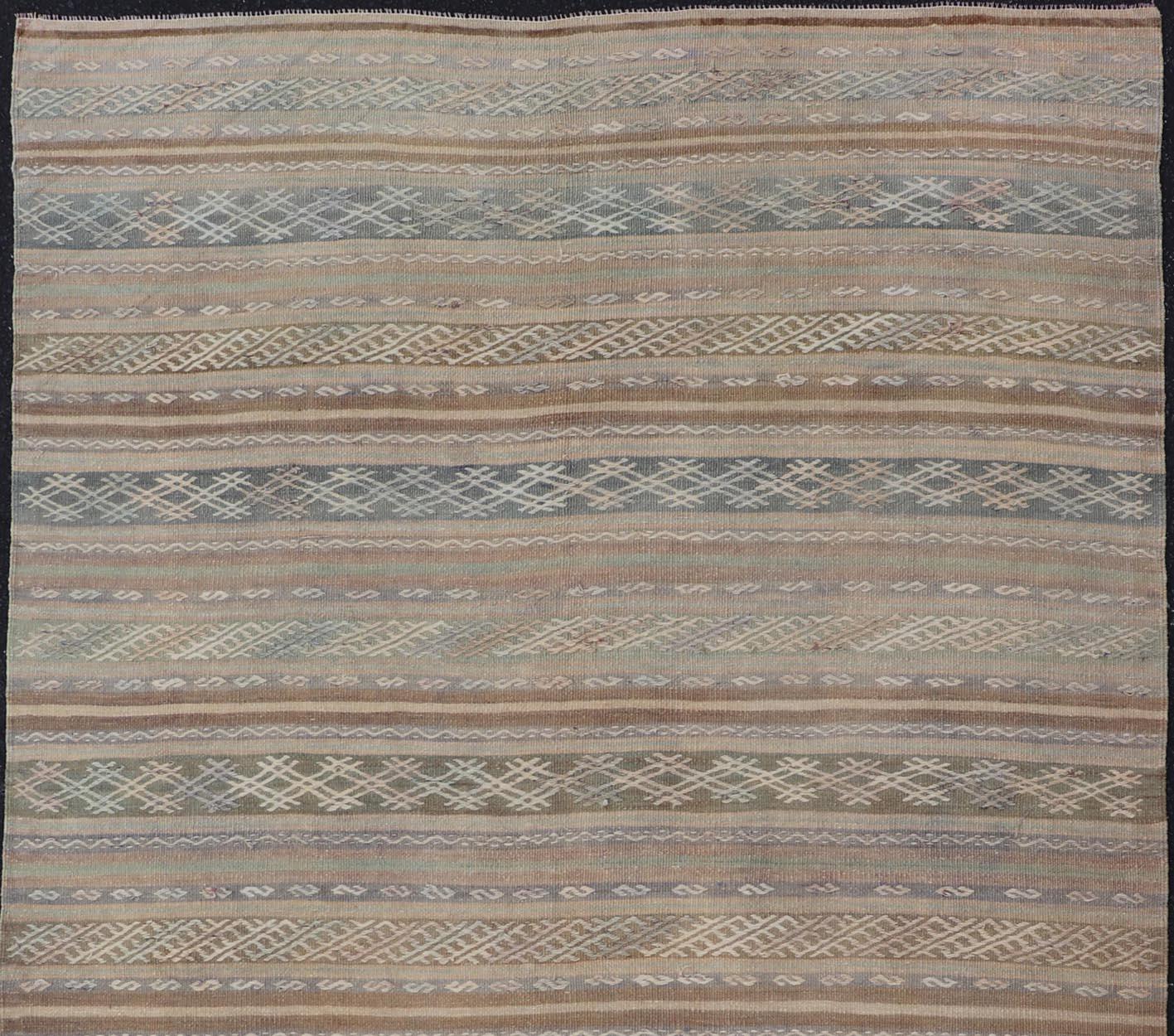 Hand-Woven Vintage Turkish Flat-Weave Kilim with Embroideries in Muted Tones and Stripes