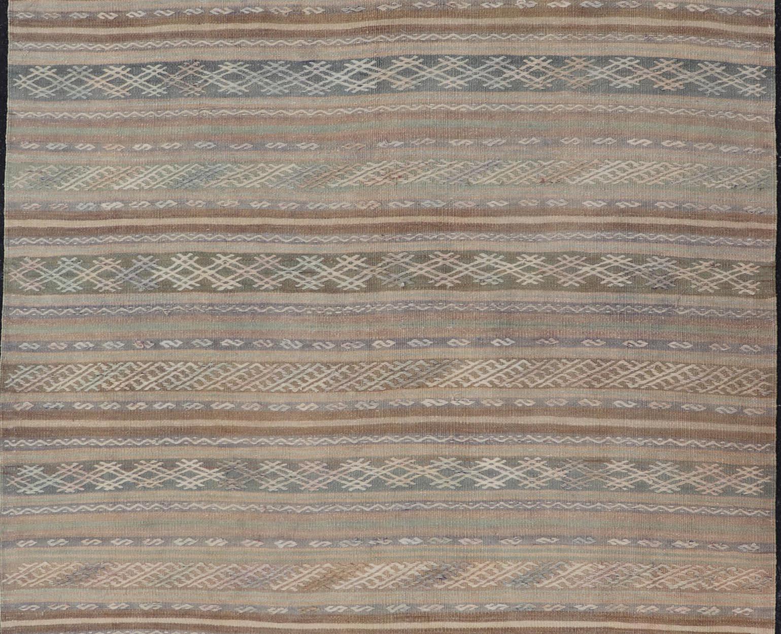 Vintage Turkish Flat-Weave Kilim with Embroideries in Muted Tones and Stripes In Good Condition In Atlanta, GA