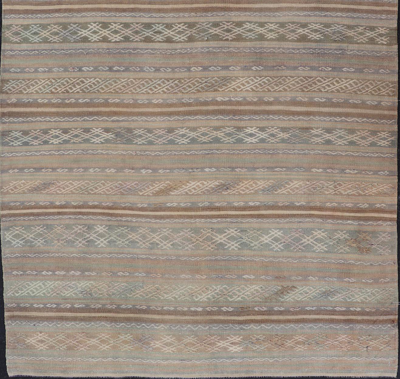 20th Century Vintage Turkish Flat-Weave Kilim with Embroideries in Muted Tones and Stripes
