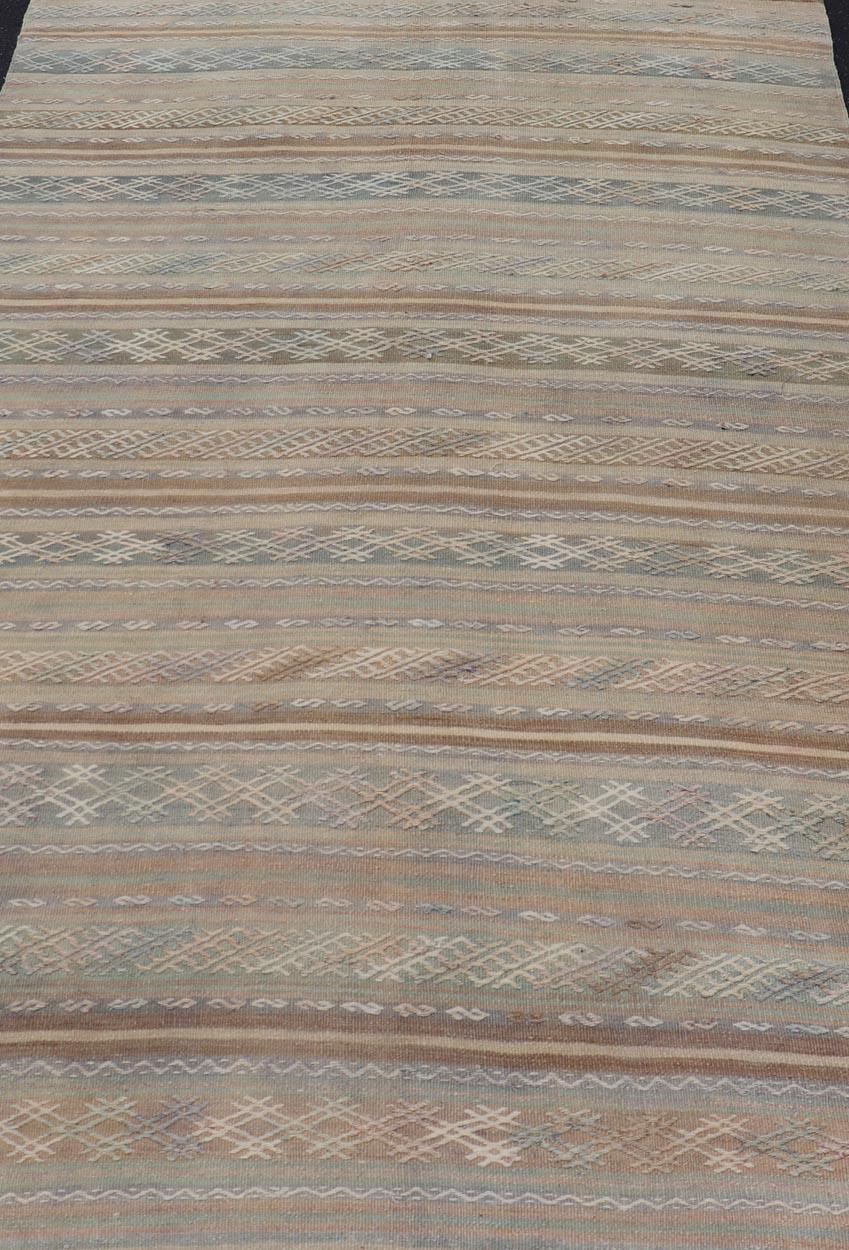 Wool Vintage Turkish Flat-Weave Kilim with Embroideries in Muted Tones and Stripes