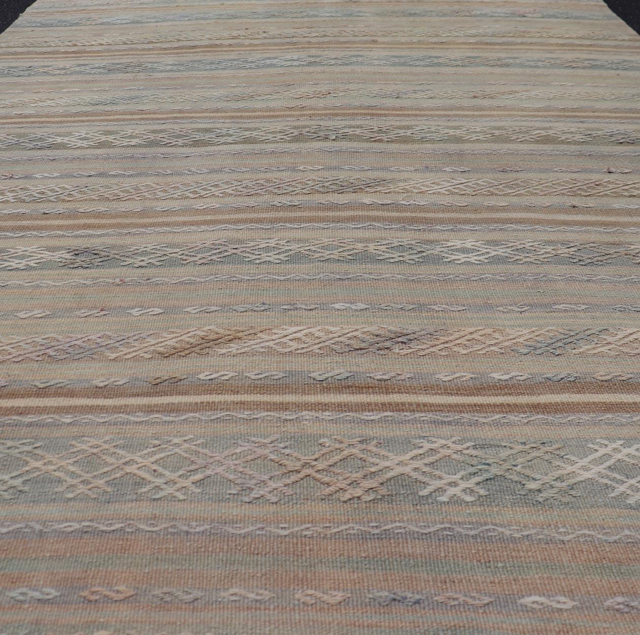 Vintage Turkish Flat-Weave Kilim with Embroideries in Muted Tones and Stripes 1
