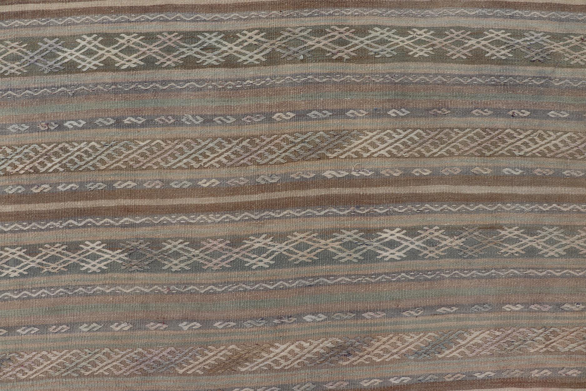 Vintage Turkish Flat-Weave Kilim with Embroideries in Muted Tones and Stripes 2