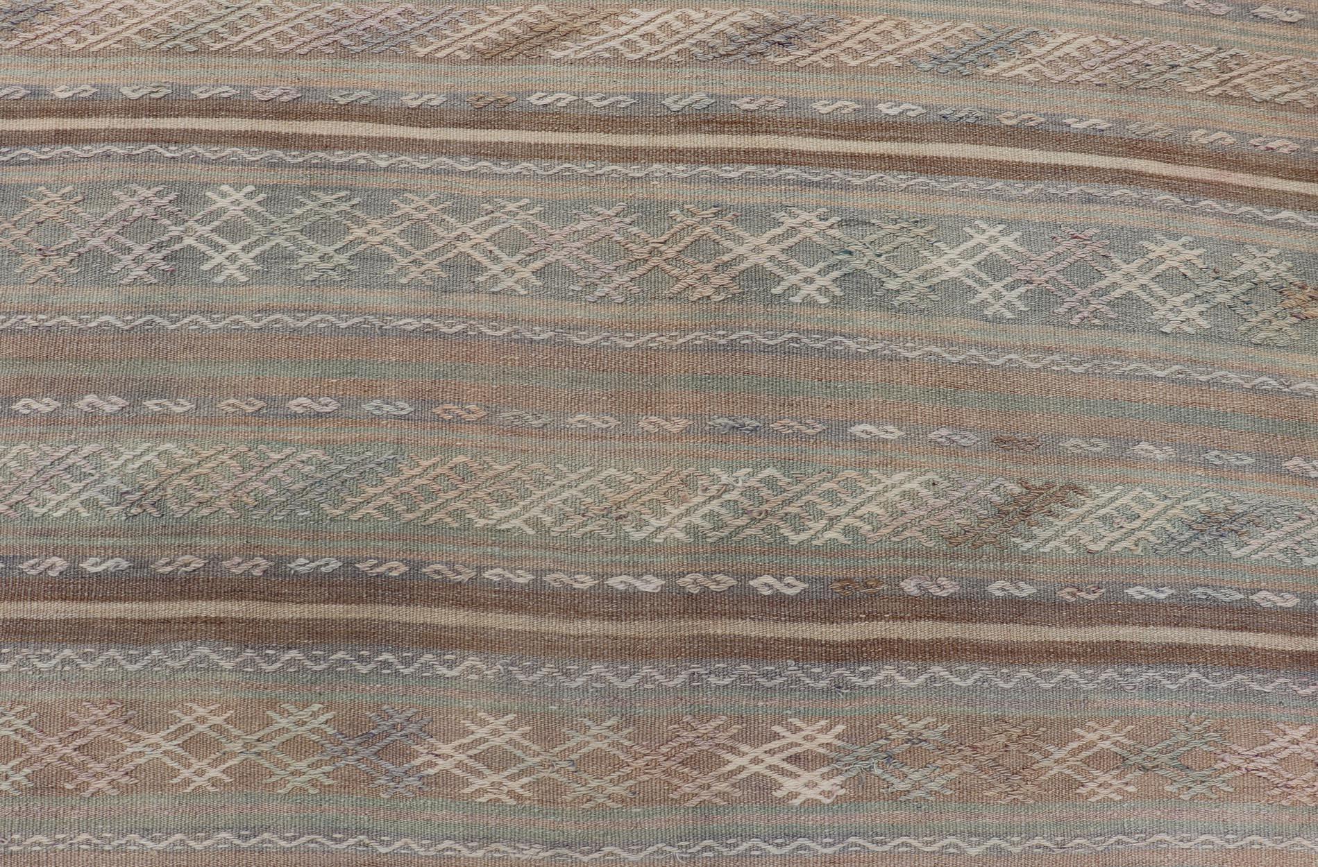 Vintage Turkish Flat-Weave Kilim with Embroideries in Muted Tones and Stripes 3