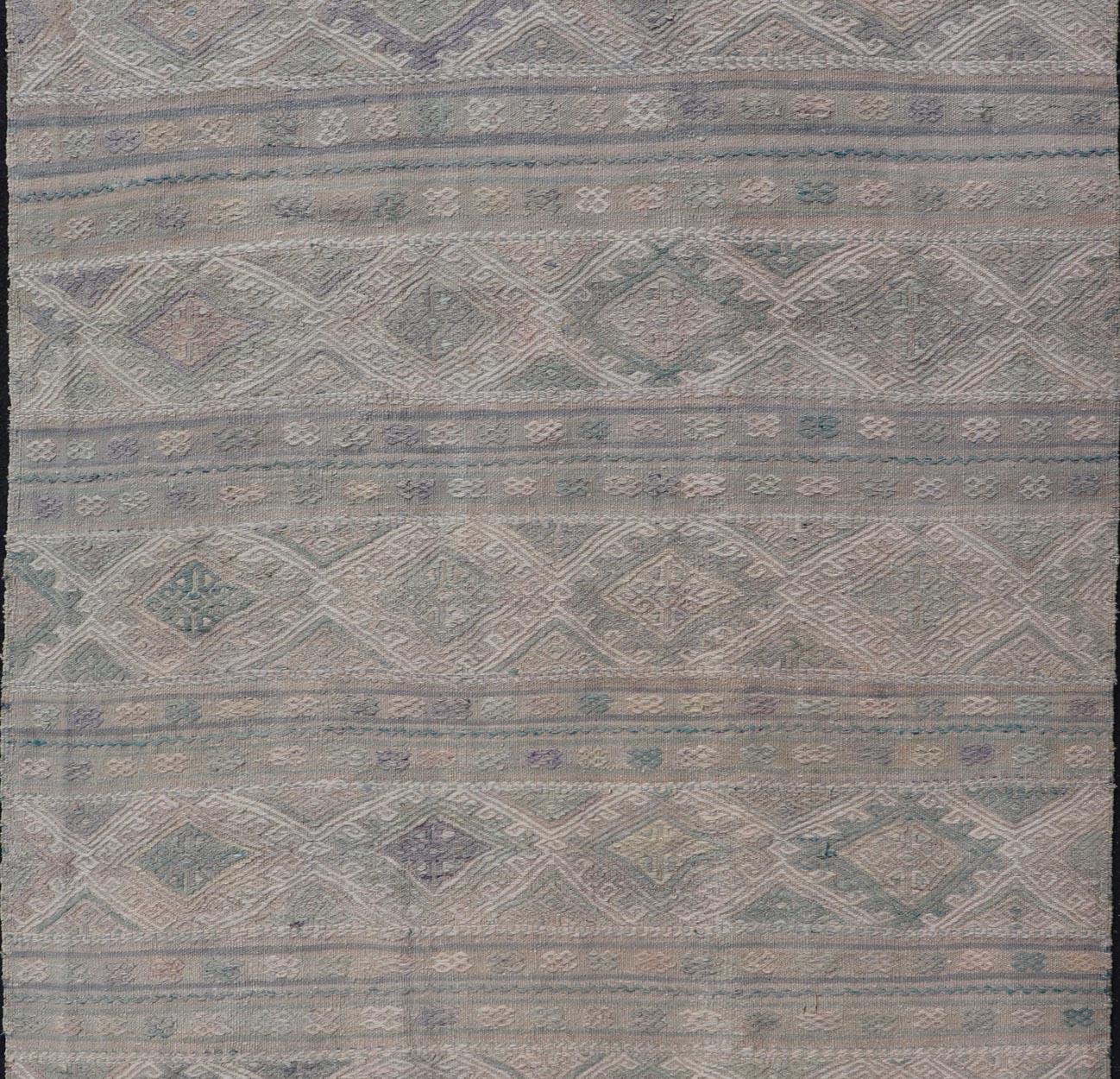 Vintage Turkish Flat-Weave Kilim with Stripes and Embroideries With Gray-Green For Sale 4
