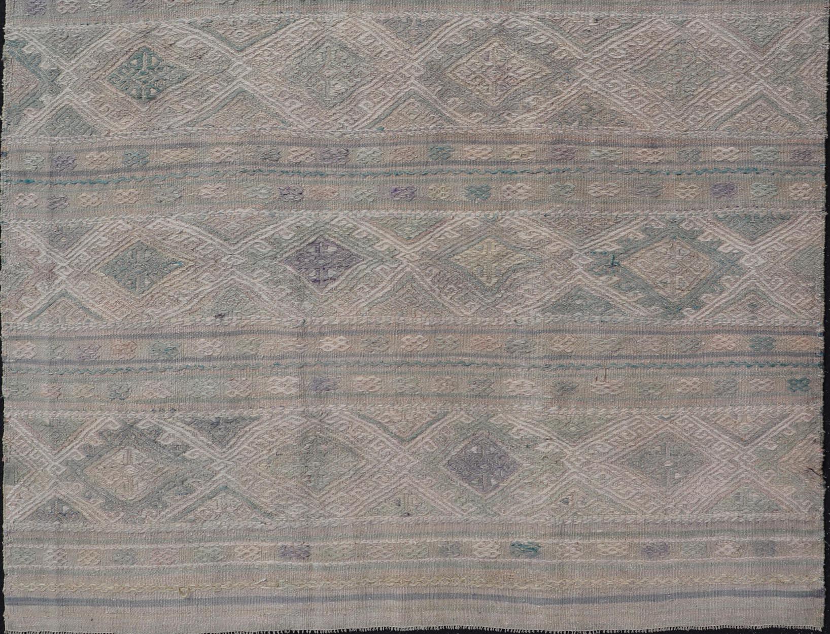 Vintage Turkish Flat-Weave Kilim with Stripes and Embroideries With Gray-Green For Sale 5