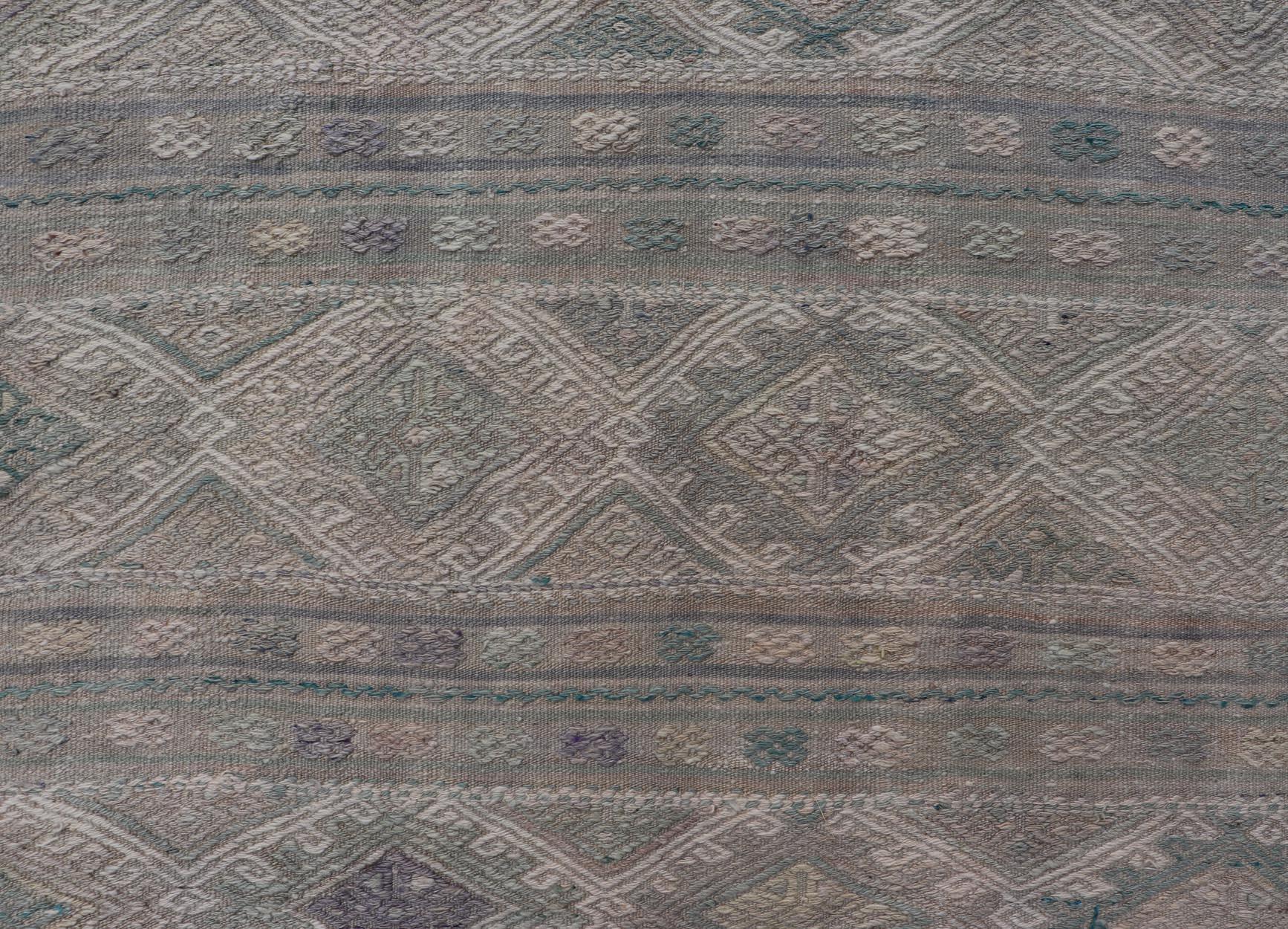 Vintage Turkish Flat-Weave Kilim with Stripes and Embroideries With Gray-Green In Good Condition For Sale In Atlanta, GA