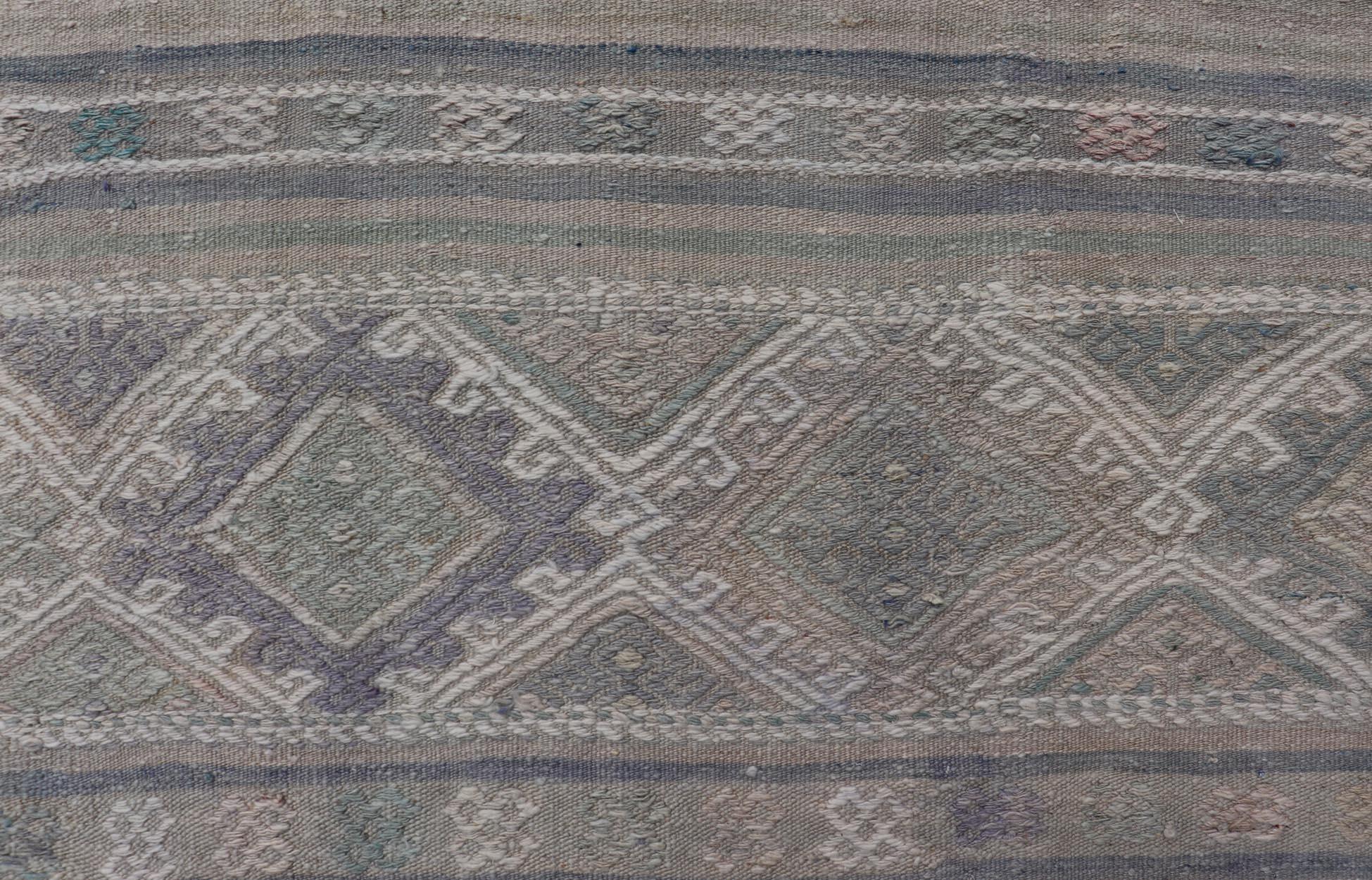 20th Century Vintage Turkish Flat-Weave Kilim with Stripes and Embroideries With Gray-Green For Sale