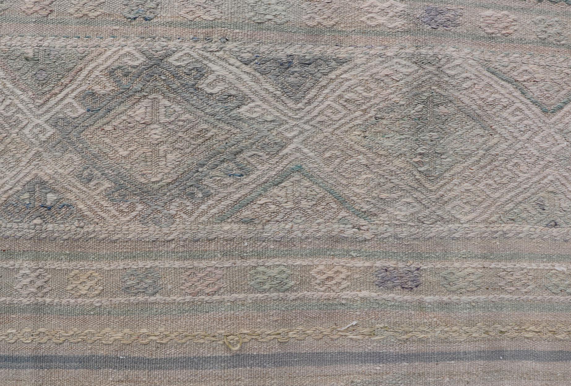 Vintage Turkish Flat-Weave Kilim with Stripes and Embroideries With Gray-Green For Sale 1