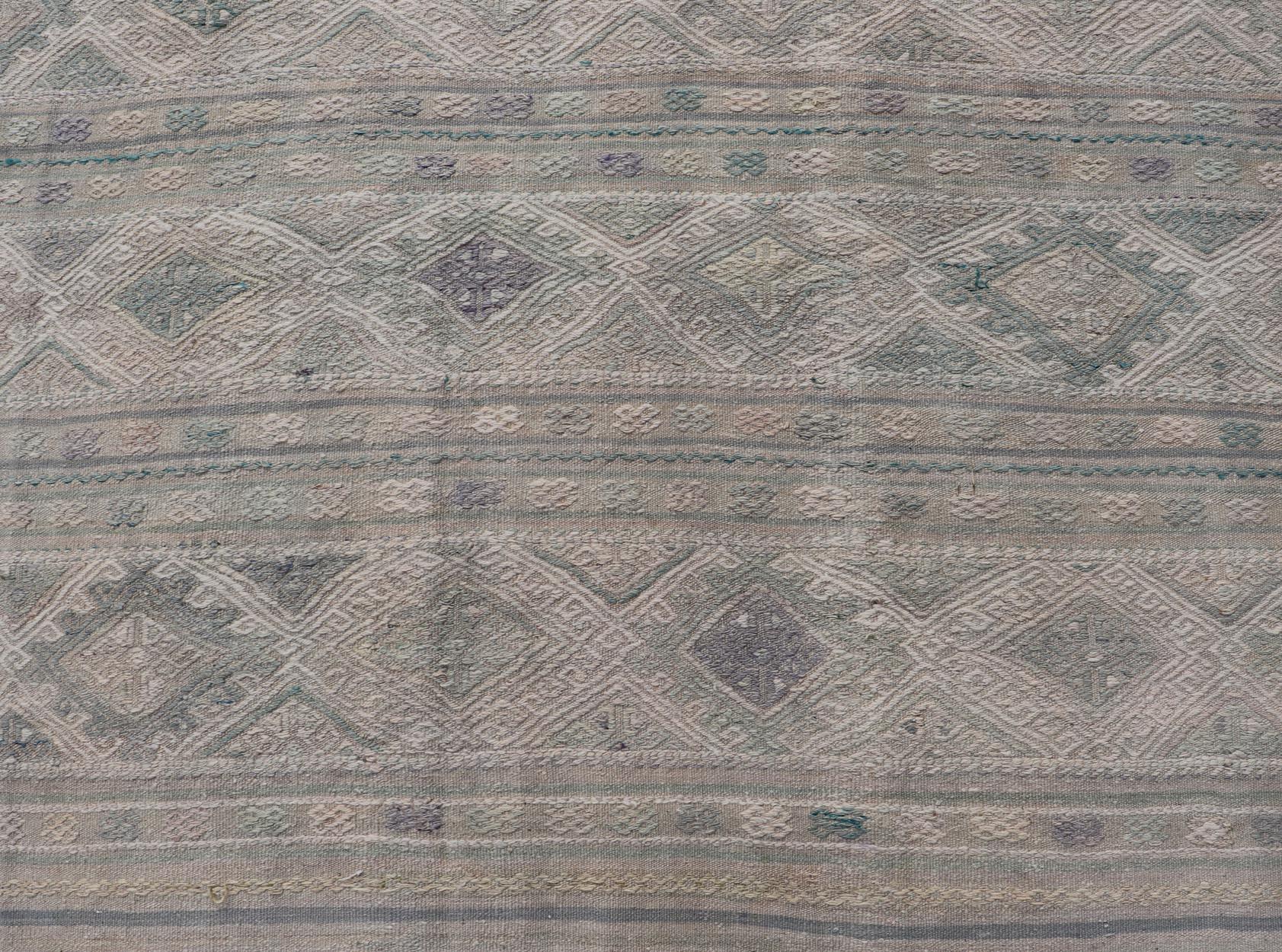Vintage Turkish Flat-Weave Kilim with Stripes and Embroideries With Gray-Green For Sale 2