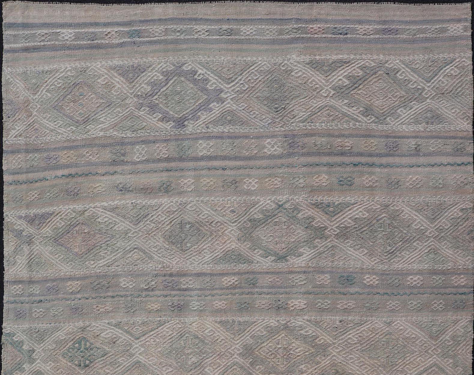 Vintage Turkish Flat-Weave Kilim with Stripes and Embroideries With Gray-Green For Sale 3