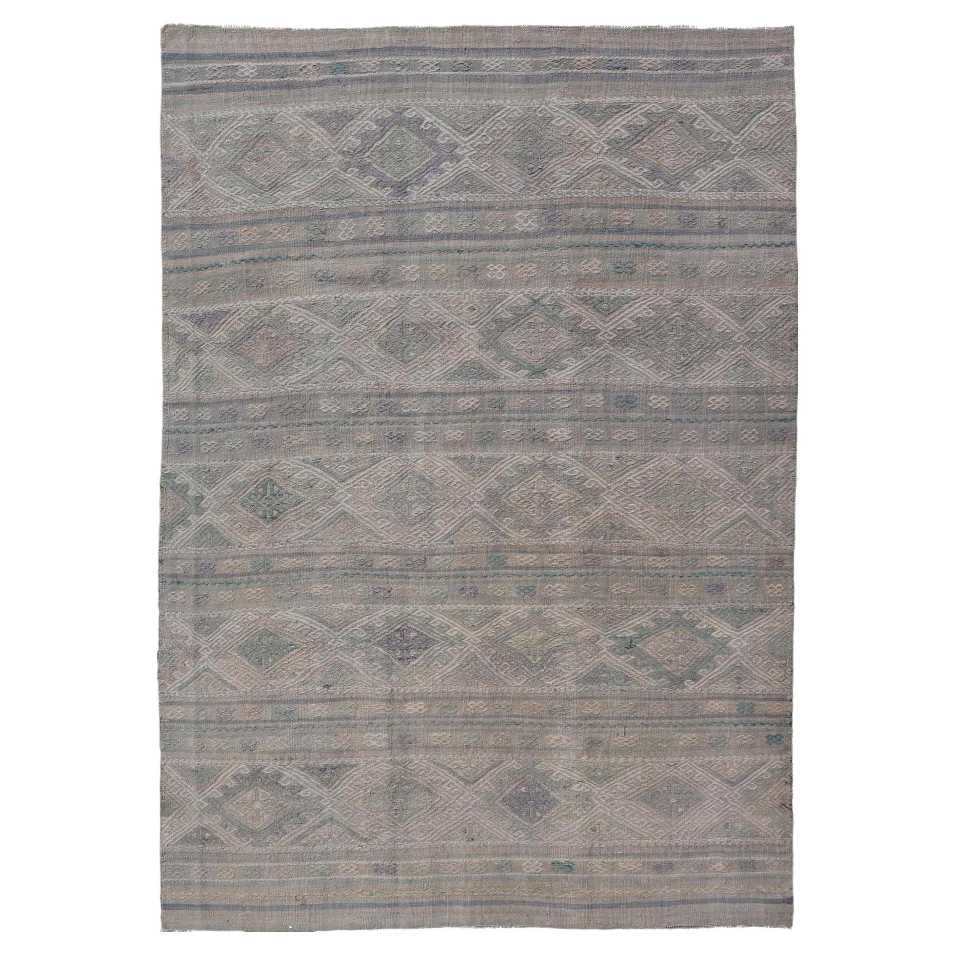Vintage Turkish Flat-Weave Kilim with Stripes and Embroideries With Gray-Green