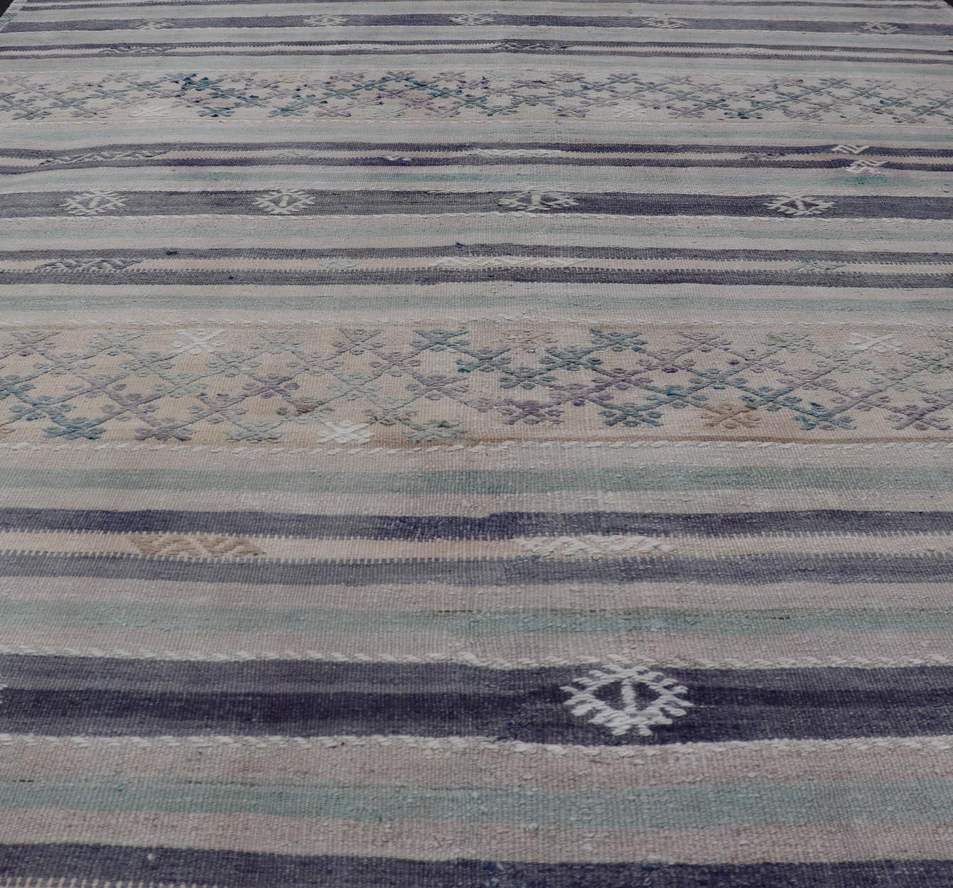 Kilim Vintage Turkish Flat-Weave L. Green, Taupe, butter, Lavender & Ink Blue For Sale