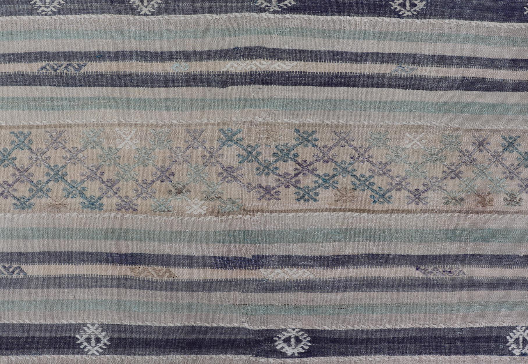 Hand-Woven Vintage Turkish Flat-Weave L. Green, Taupe, butter, Lavender & Ink Blue For Sale
