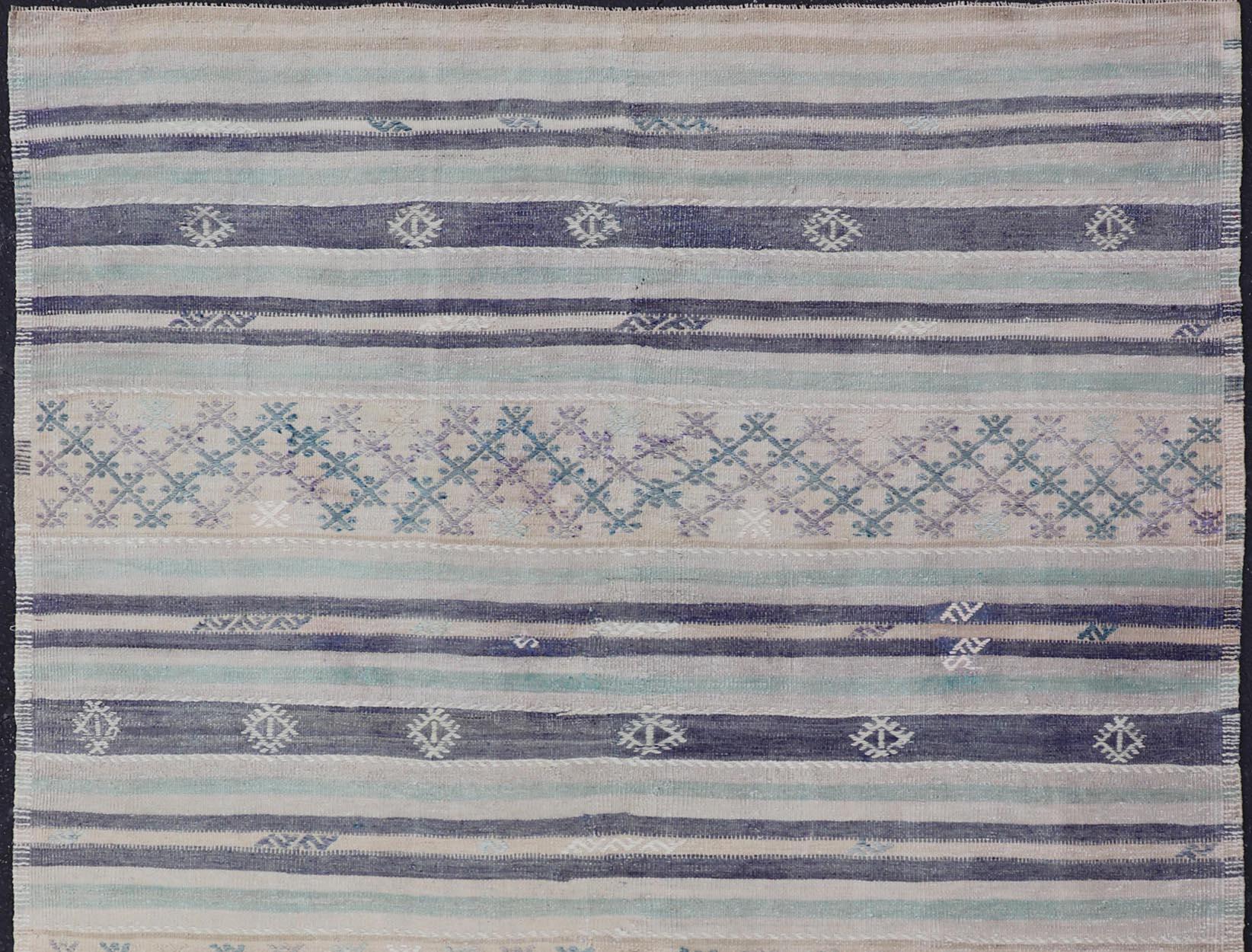 Wool Vintage Turkish Flat-Weave L. Green, Taupe, butter, Lavender & Ink Blue For Sale