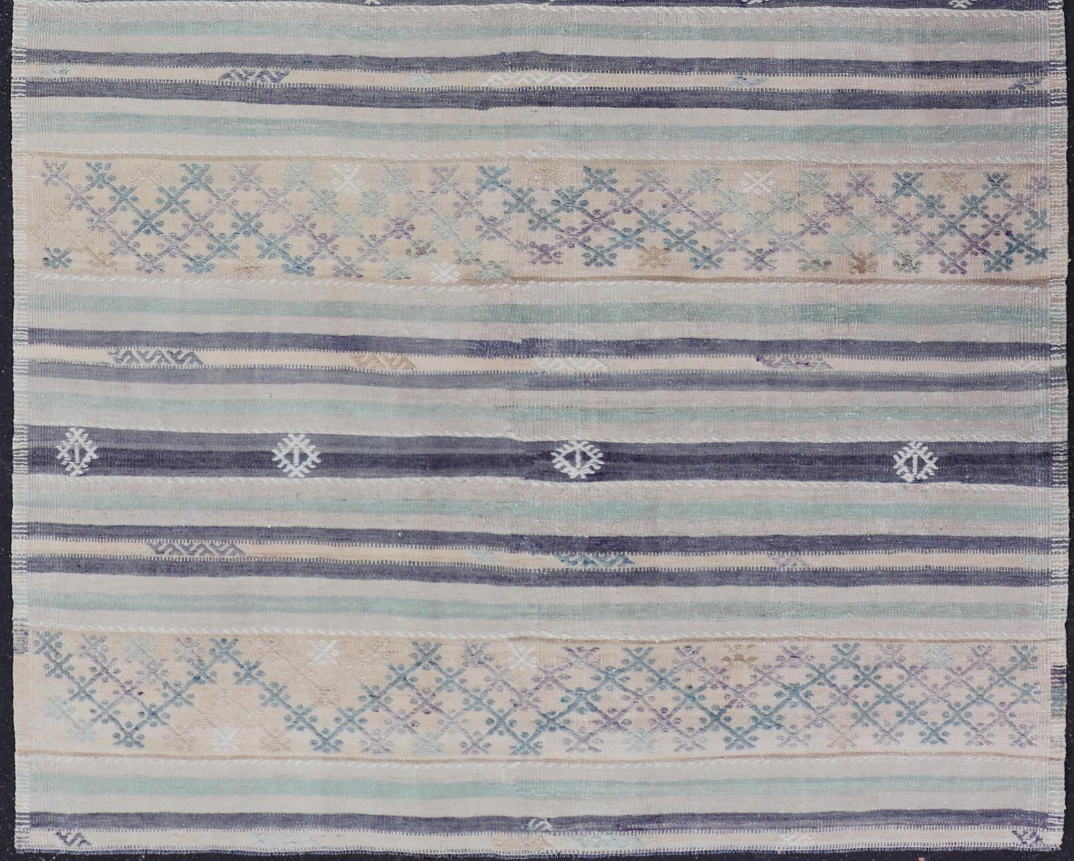 Vintage Turkish Flat-Weave L. Green, Taupe, butter, Lavender & Ink Blue For Sale 2