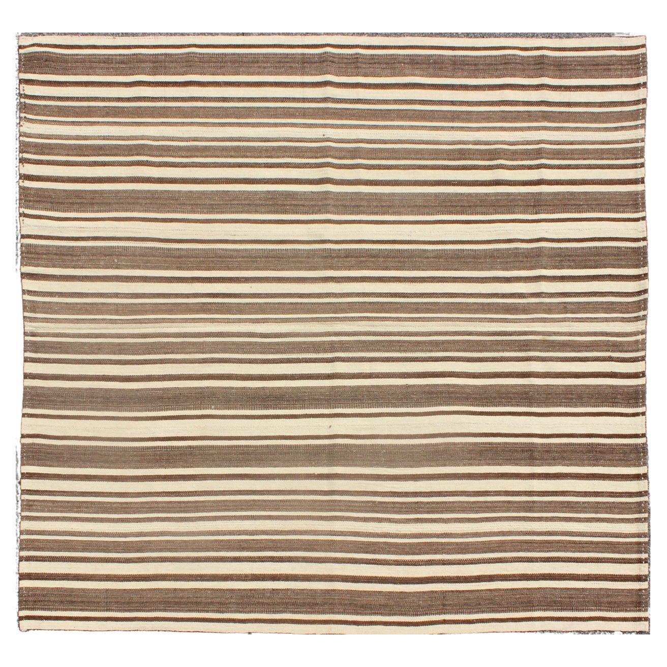 Vintage Turkish Flat-Weave Muted Colored Kilim in Taupe, Brown and Cream