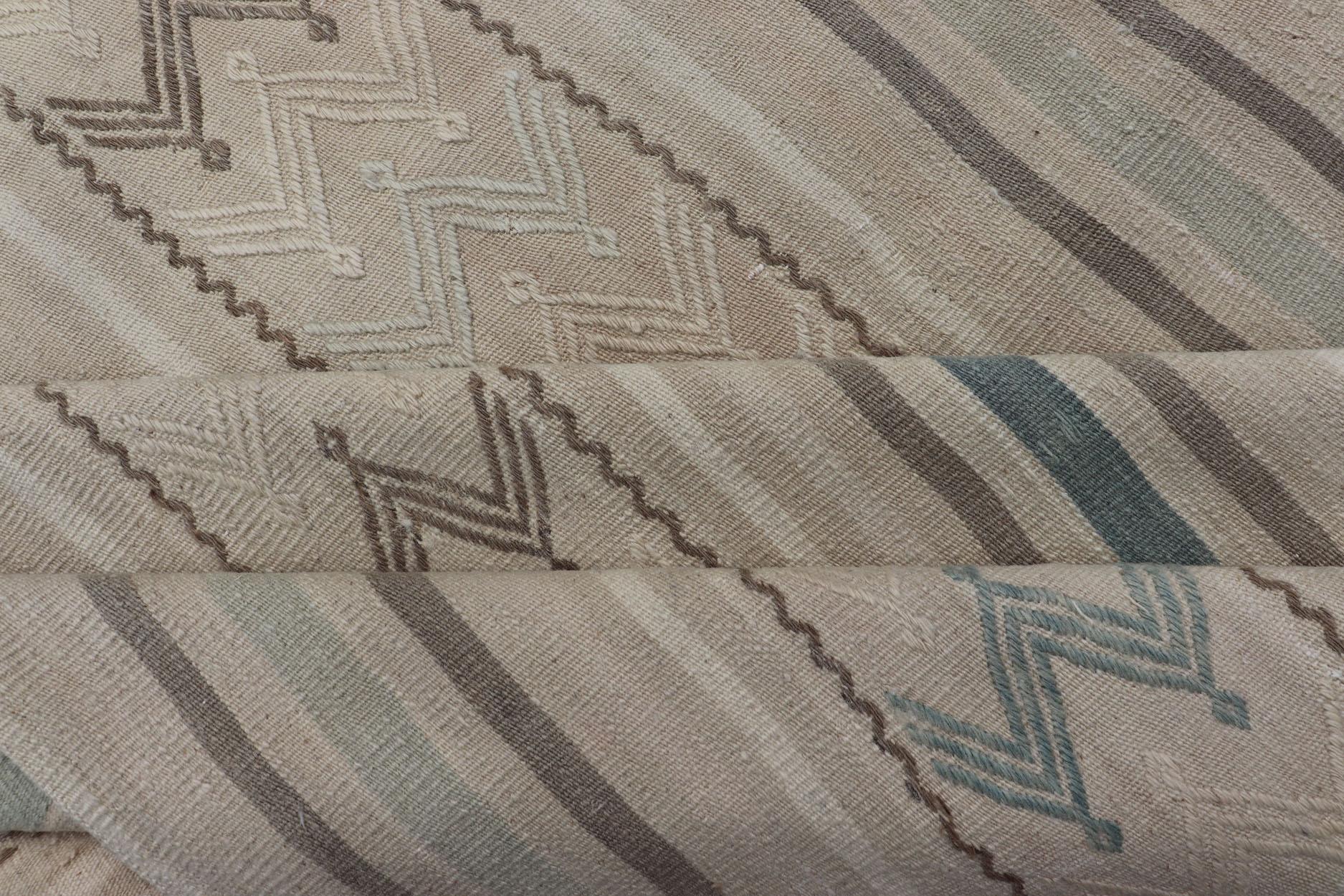 Vintage Turkish Flat-Weave Muted Colored Kilim in Taupe, Brown and Light Blue For Sale 4