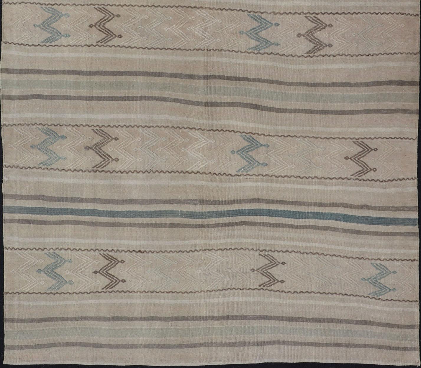 Hand-Woven Vintage Turkish Flat-Weave Muted Colored Kilim in Taupe, Brown and Light Blue For Sale