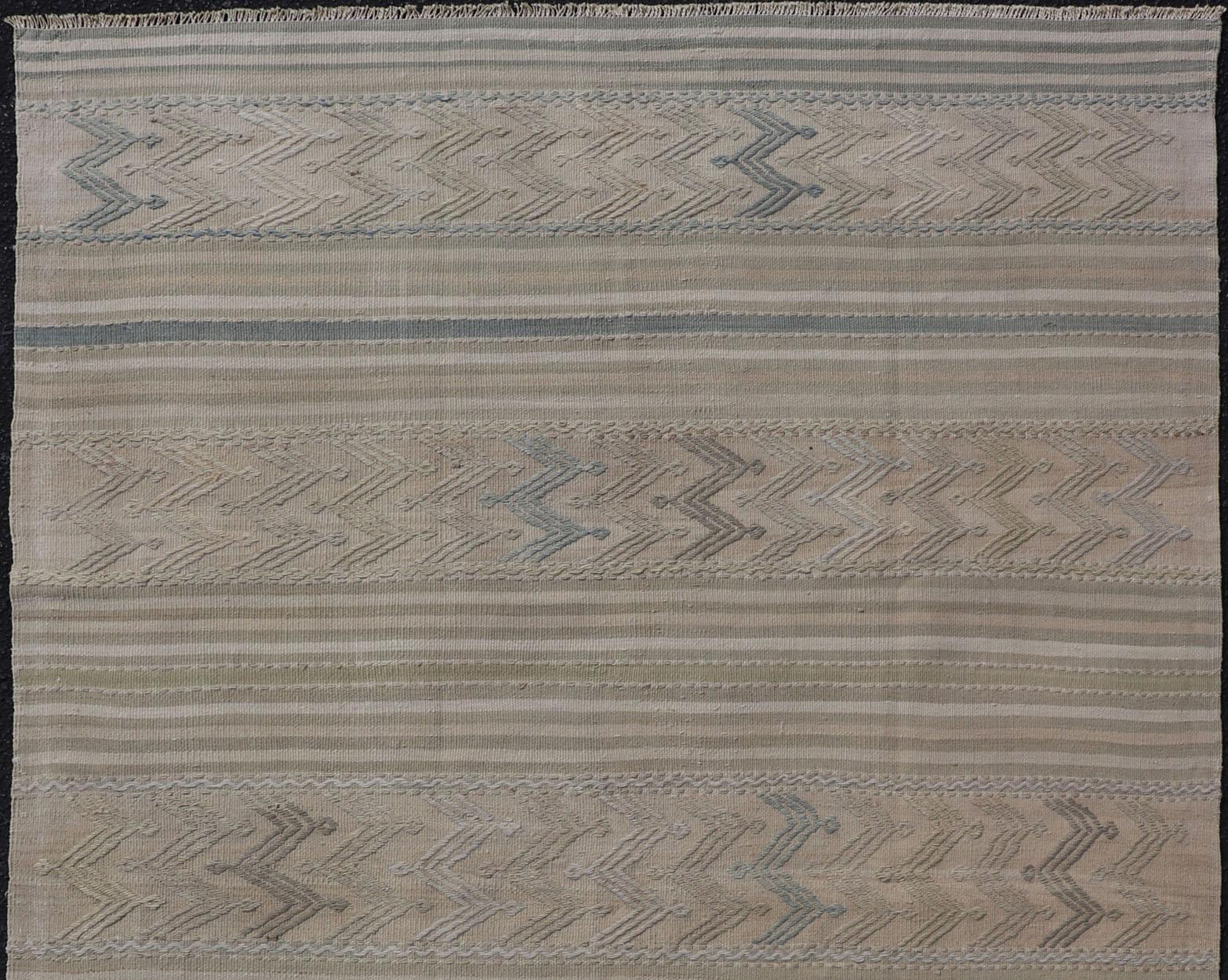Hand-Woven Vintage Turkish Flat-Weave Muted Colored Kilim in Taupe, Brown and Light Blue For Sale