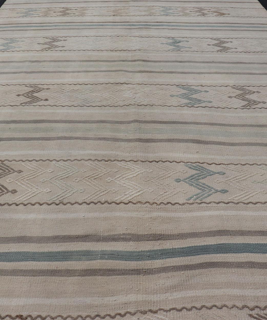 Wool Vintage Turkish Flat-Weave Muted Colored Kilim in Taupe, Brown and Light Blue For Sale