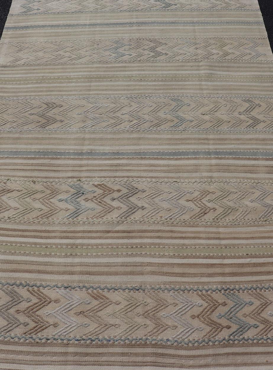 Wool Vintage Turkish Flat-Weave Muted Colored Kilim in Taupe, Brown and Light Blue For Sale