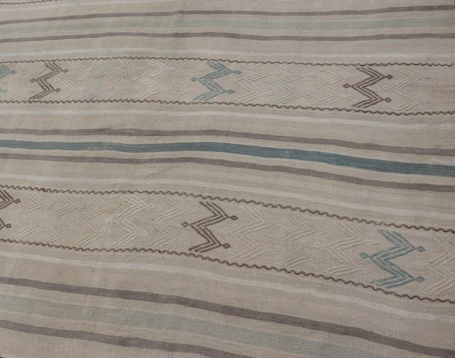 Vintage Turkish Flat-Weave Muted Colored Kilim in Taupe, Brown and Light Blue For Sale 2