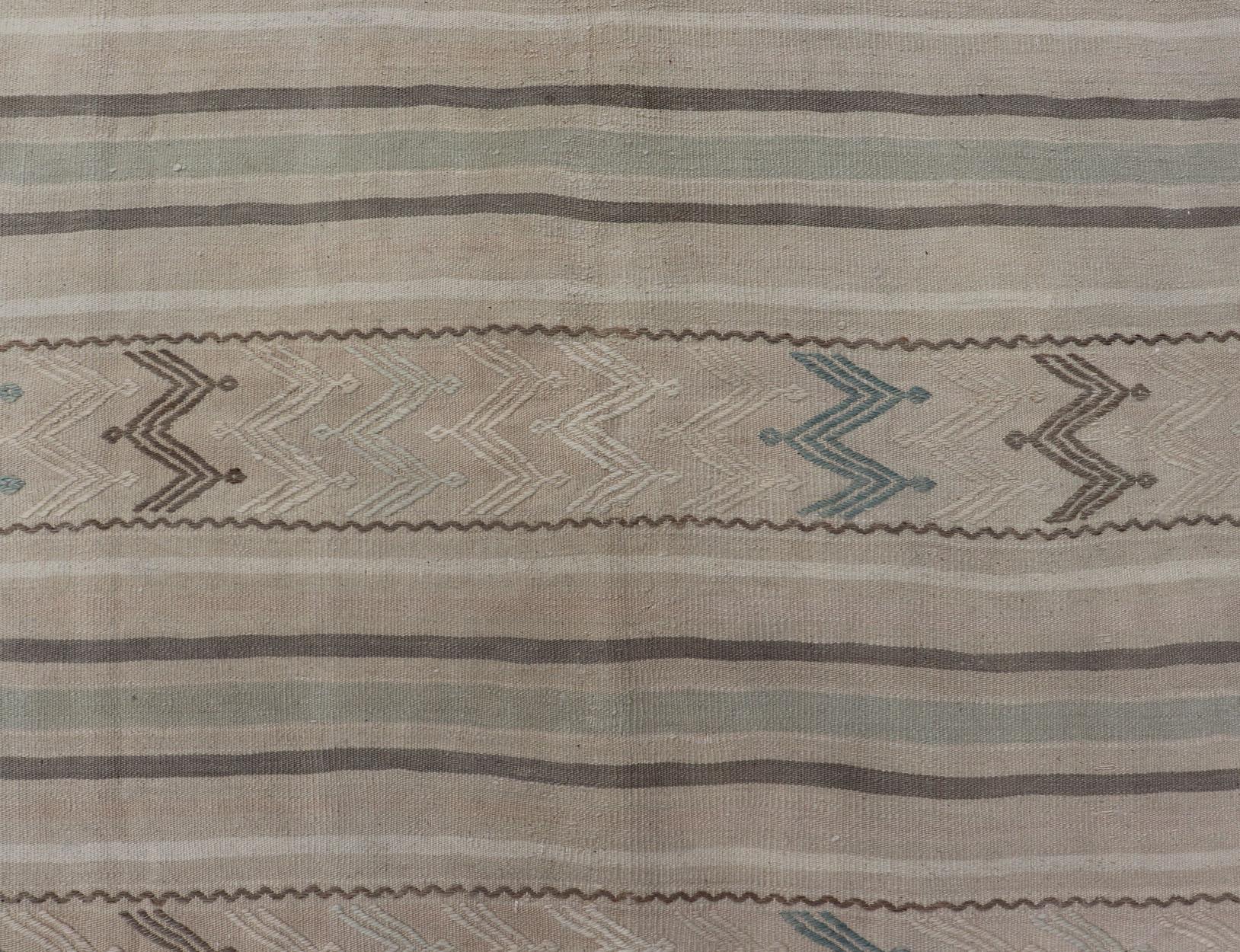 Vintage Turkish Flat-Weave Muted Colored Kilim in Taupe, Brown and Light Blue For Sale 3
