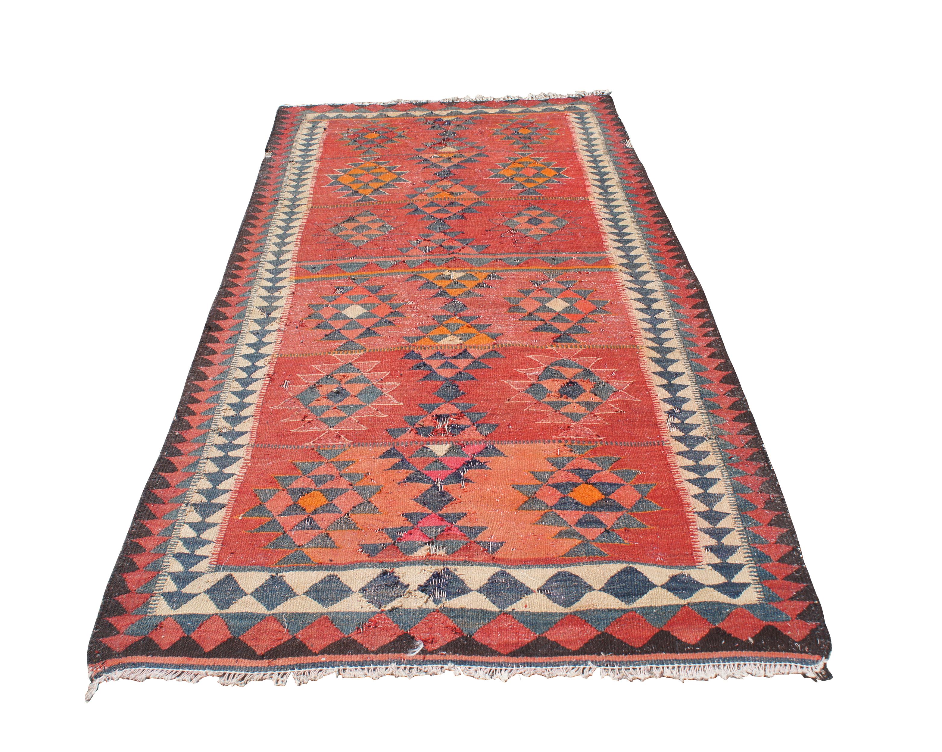 Vintage Turkish Flat Weave Oushak Bohemian Kilim Wool Area Rug Runner 5 x 8.5' In Good Condition For Sale In Dayton, OH