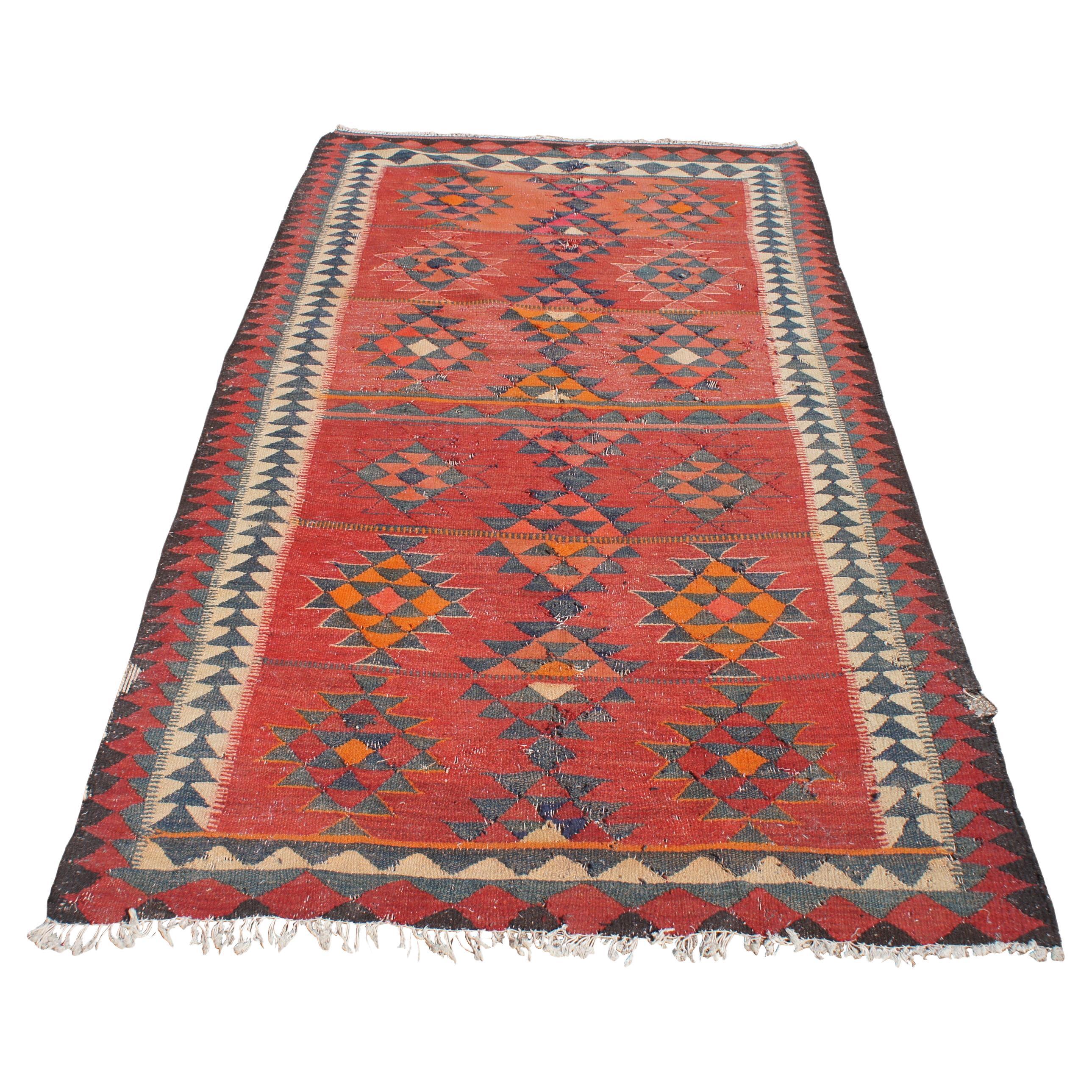 Vintage Turkish Flat Weave Oushak Bohemian Kilim Wool Area Rug Runner 5 x 8.5' For Sale