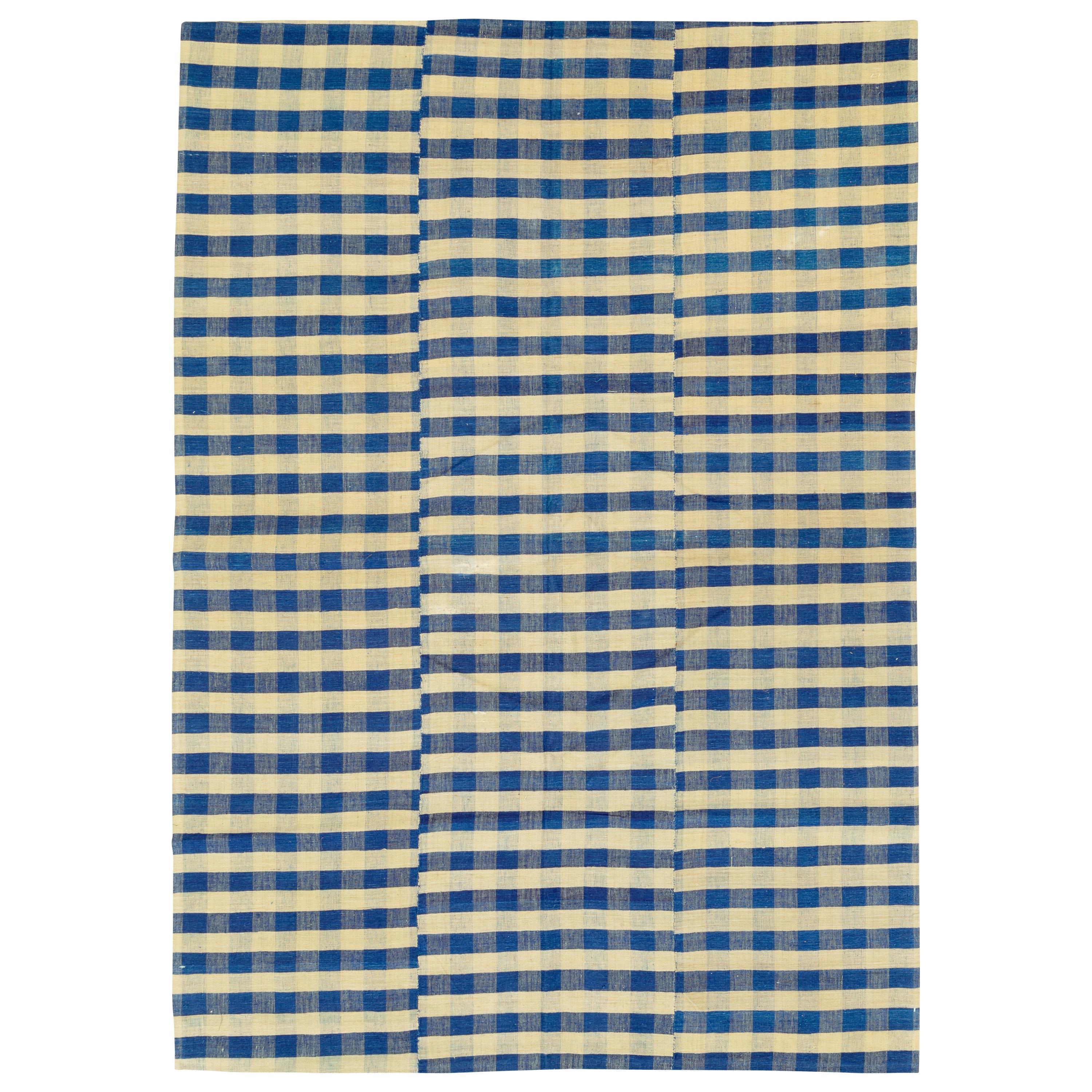 Vintage Turkish Flat-Weave Plaid Accent Rug