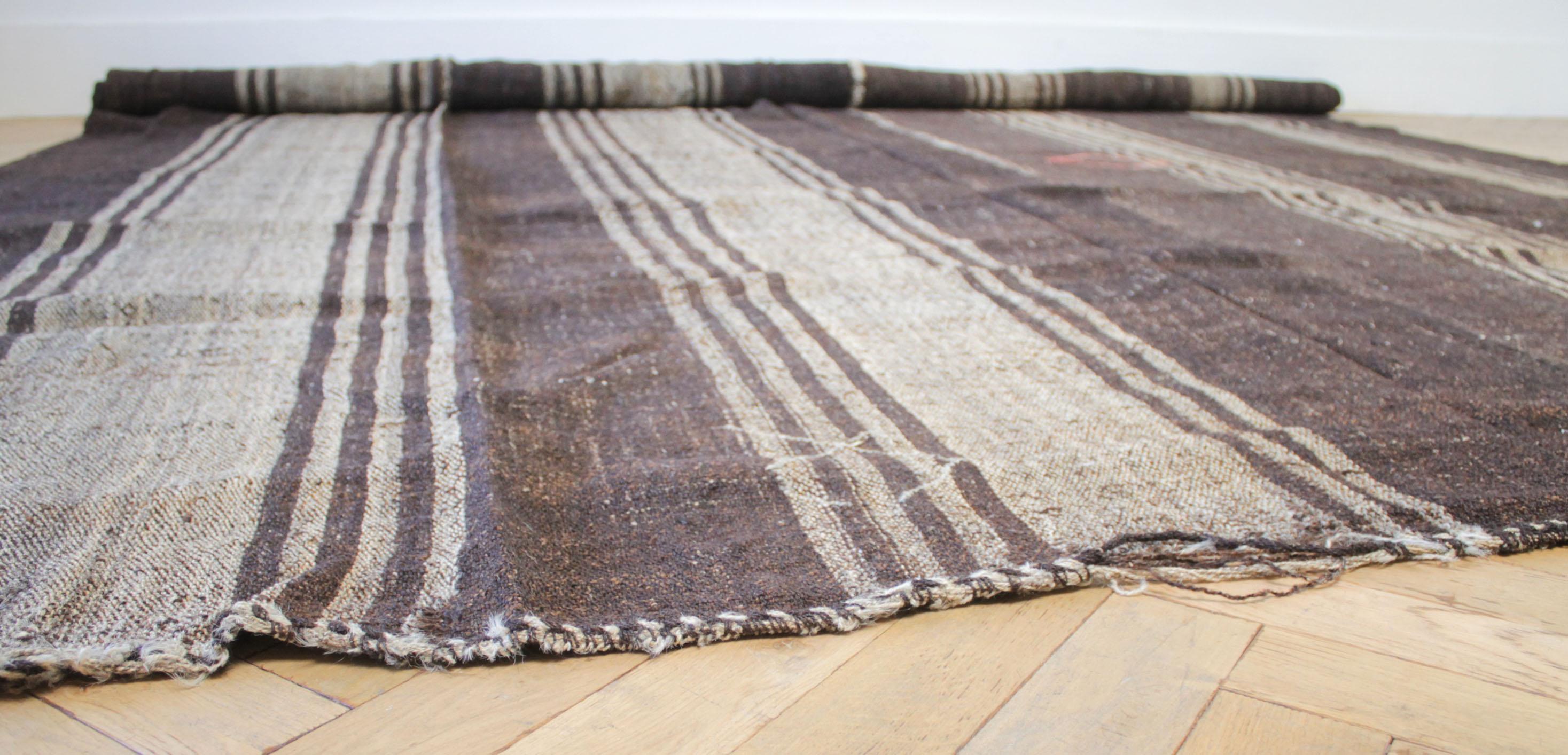 Vintage Turkish Flat-Weave Rug in Brown and Taupe Stirpes In Good Condition For Sale In Brea, CA