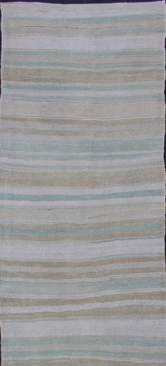 Vintage Turkish Flat-Weave Runner with Stripe Design Cream and Light Green