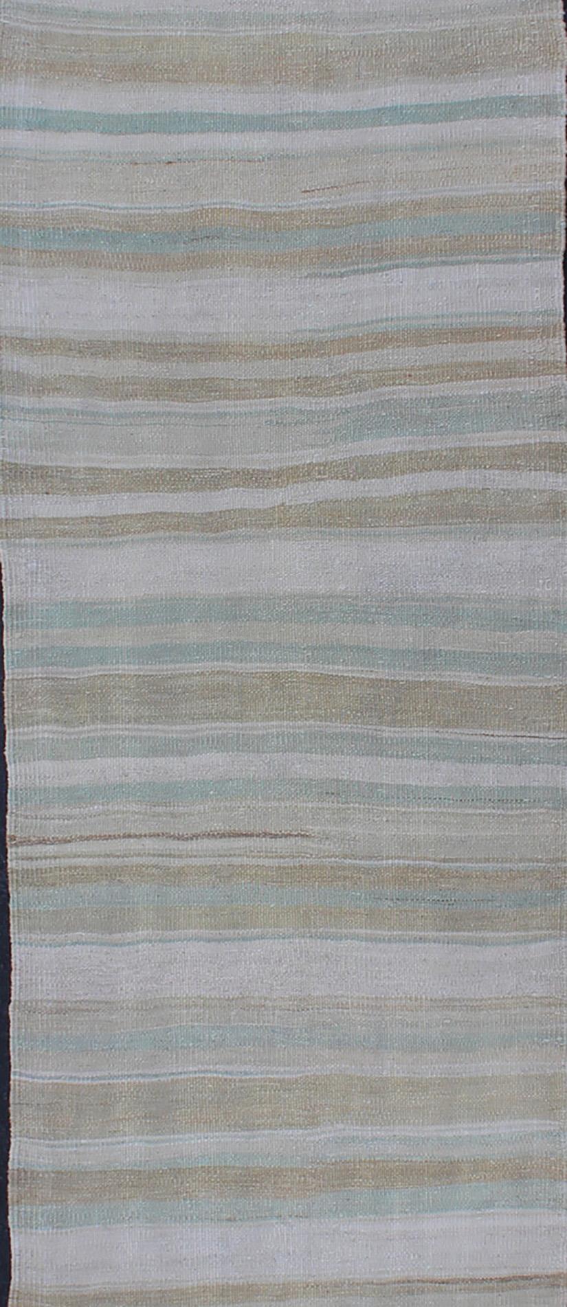 Hand-Woven Vintage Turkish Flat-Weave Runner with Stripe Design Cream and Light Green For Sale