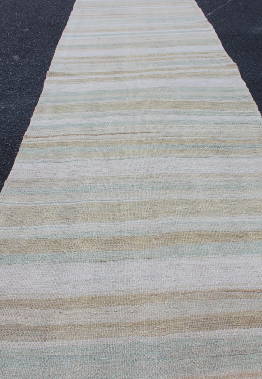 Vintage Turkish Flat-Weave Runner with Stripe Design Cream and Light Green In Good Condition For Sale In Atlanta, GA
