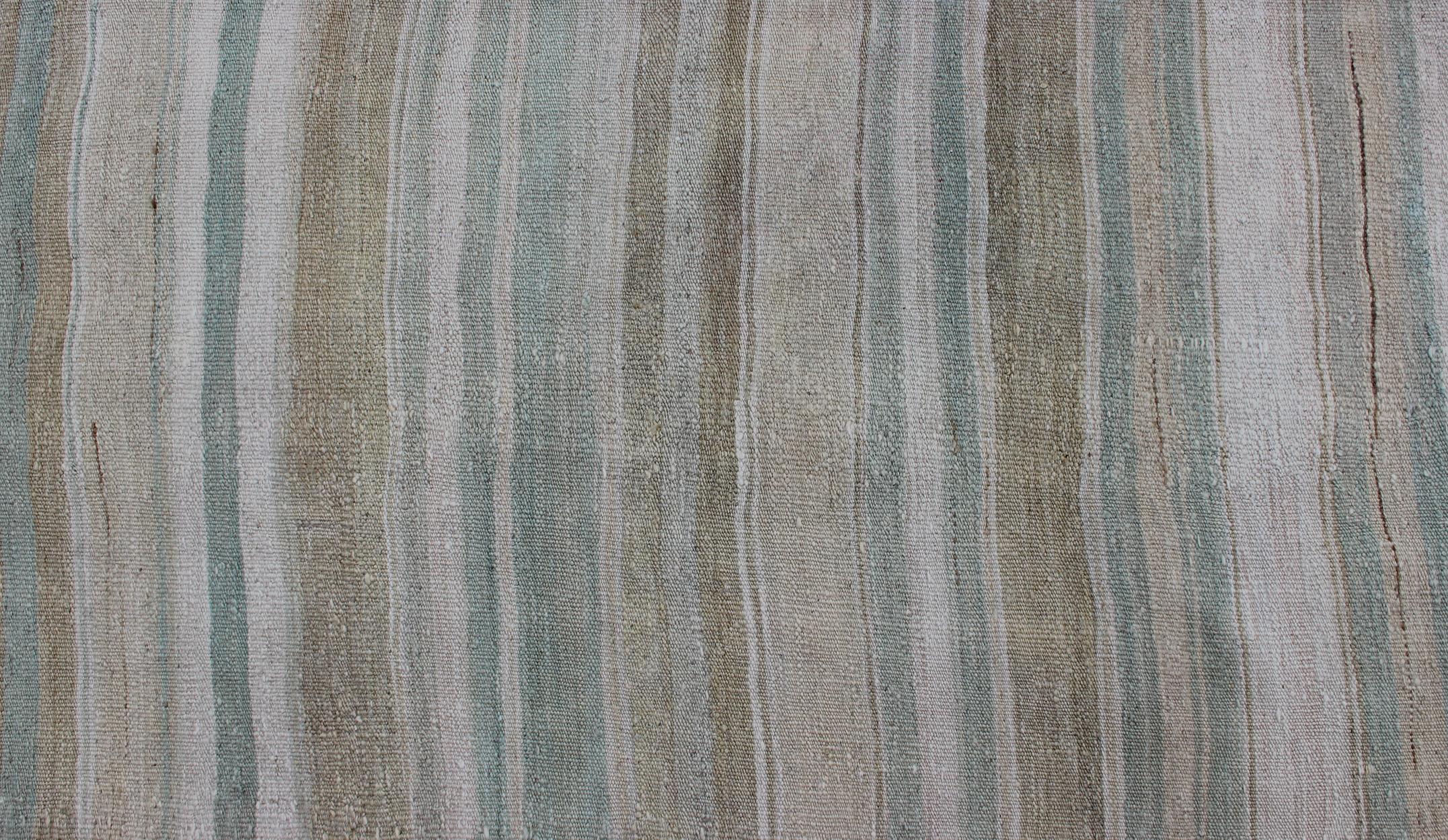 Wool Vintage Turkish Flat-Weave Runner with Stripe Design Cream and Light Green For Sale