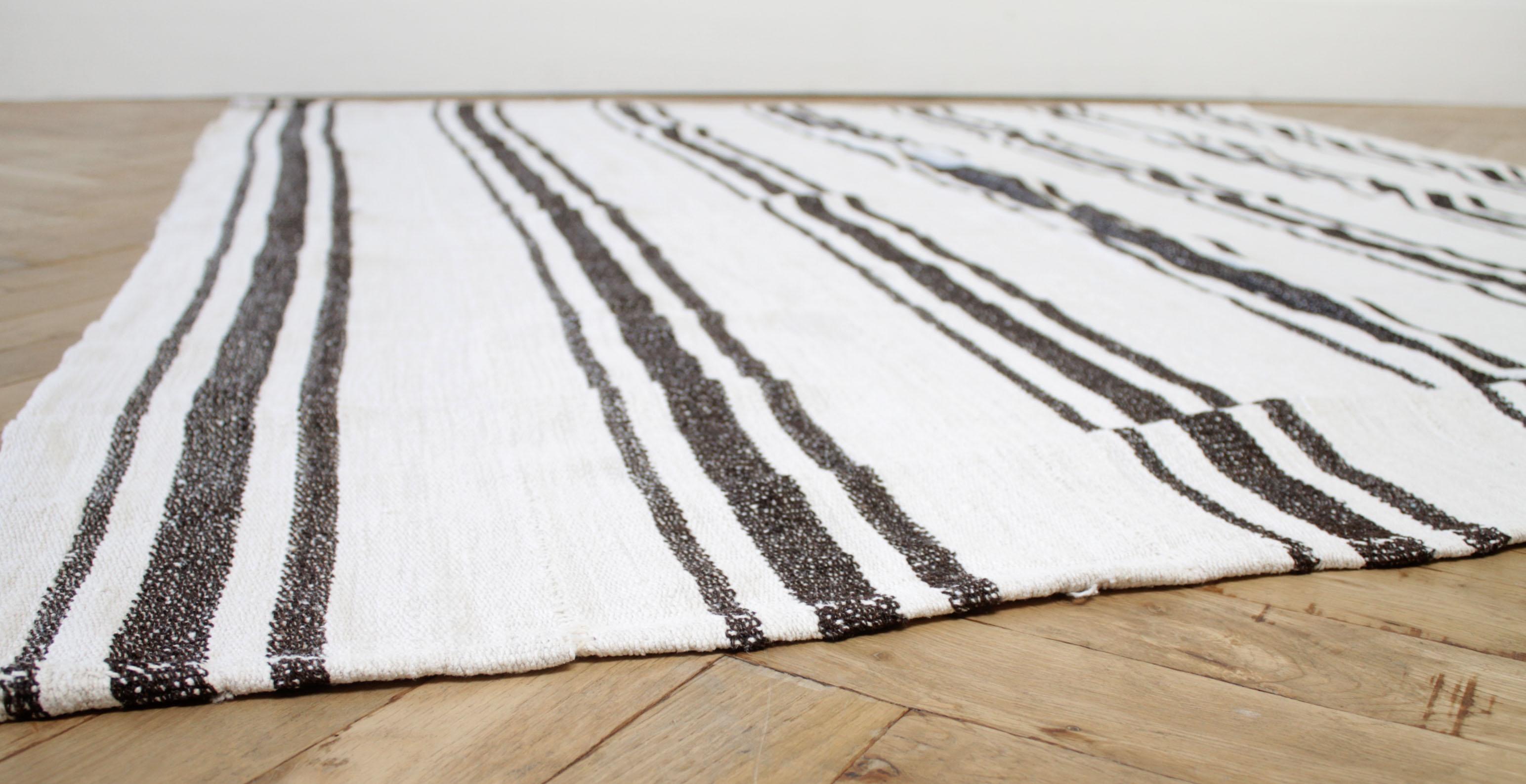Minimalist Vintage Turkish Flat-Weave Sam Rug in Oyster White with Brown Stripes For Sale