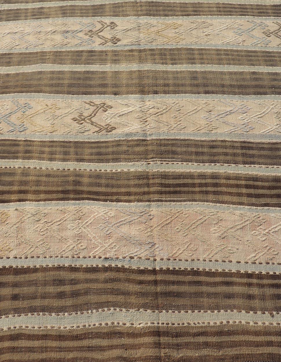 Hand-Woven Vintage Turkish Flat-Weave Striped Kilim in Taupe, Brown, and Light Blue For Sale