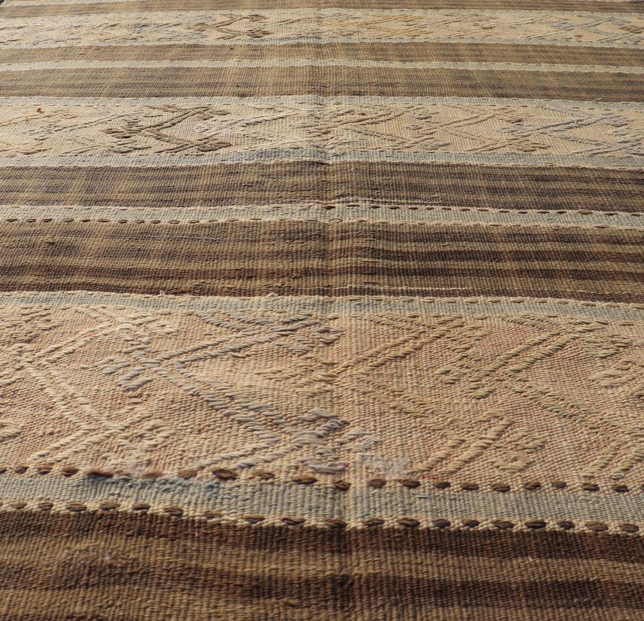 Vintage Turkish Flat-Weave Striped Kilim in Taupe, Brown, and Light Blue In Good Condition For Sale In Atlanta, GA