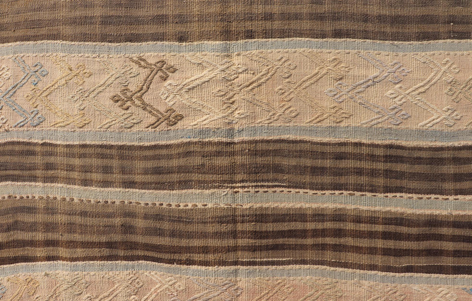 20th Century Vintage Turkish Flat-Weave Striped Kilim in Taupe, Brown, and Light Blue For Sale