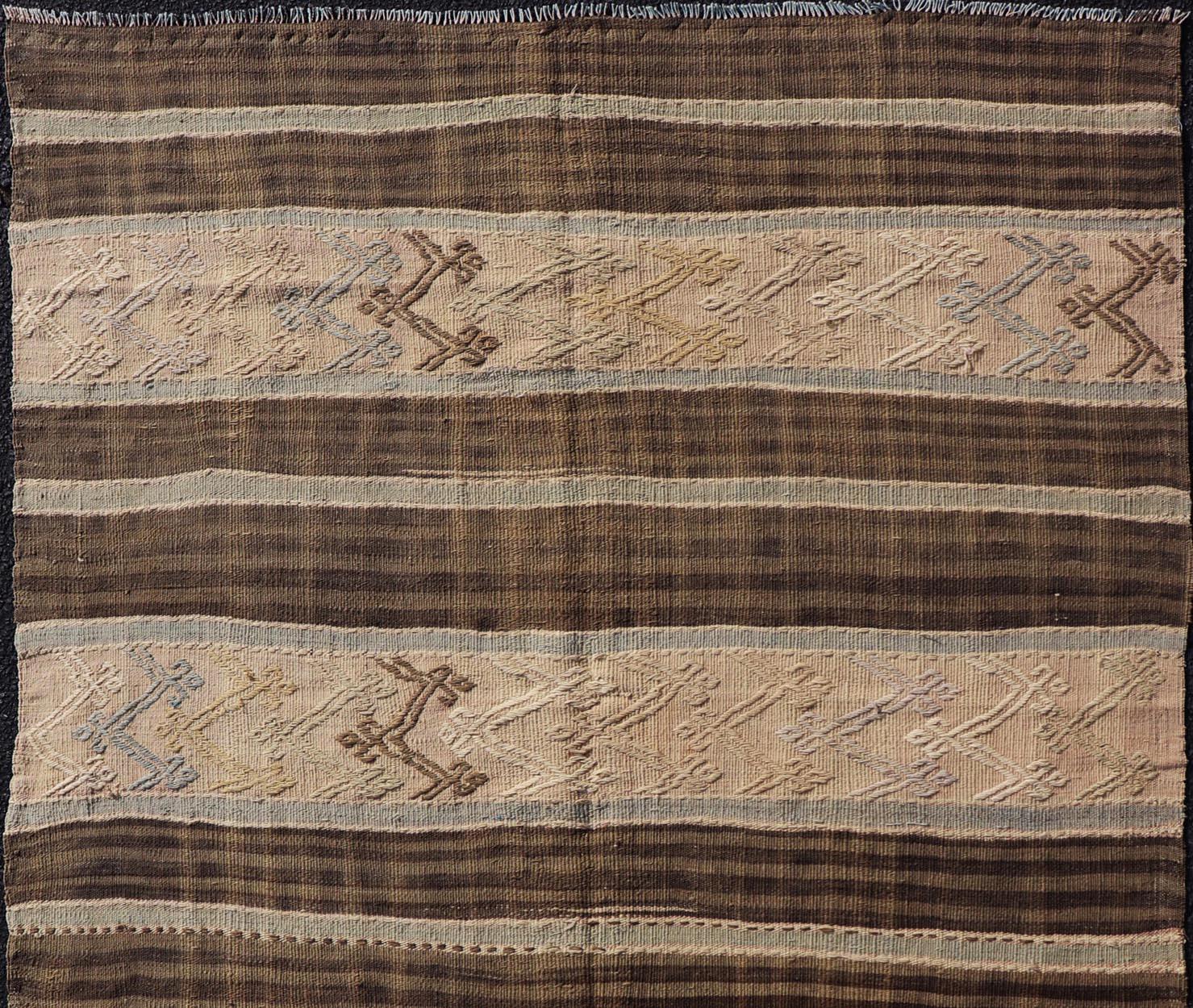 Vintage Turkish Flat-Weave Striped Kilim in Taupe, Brown, and Light Blue For Sale 1
